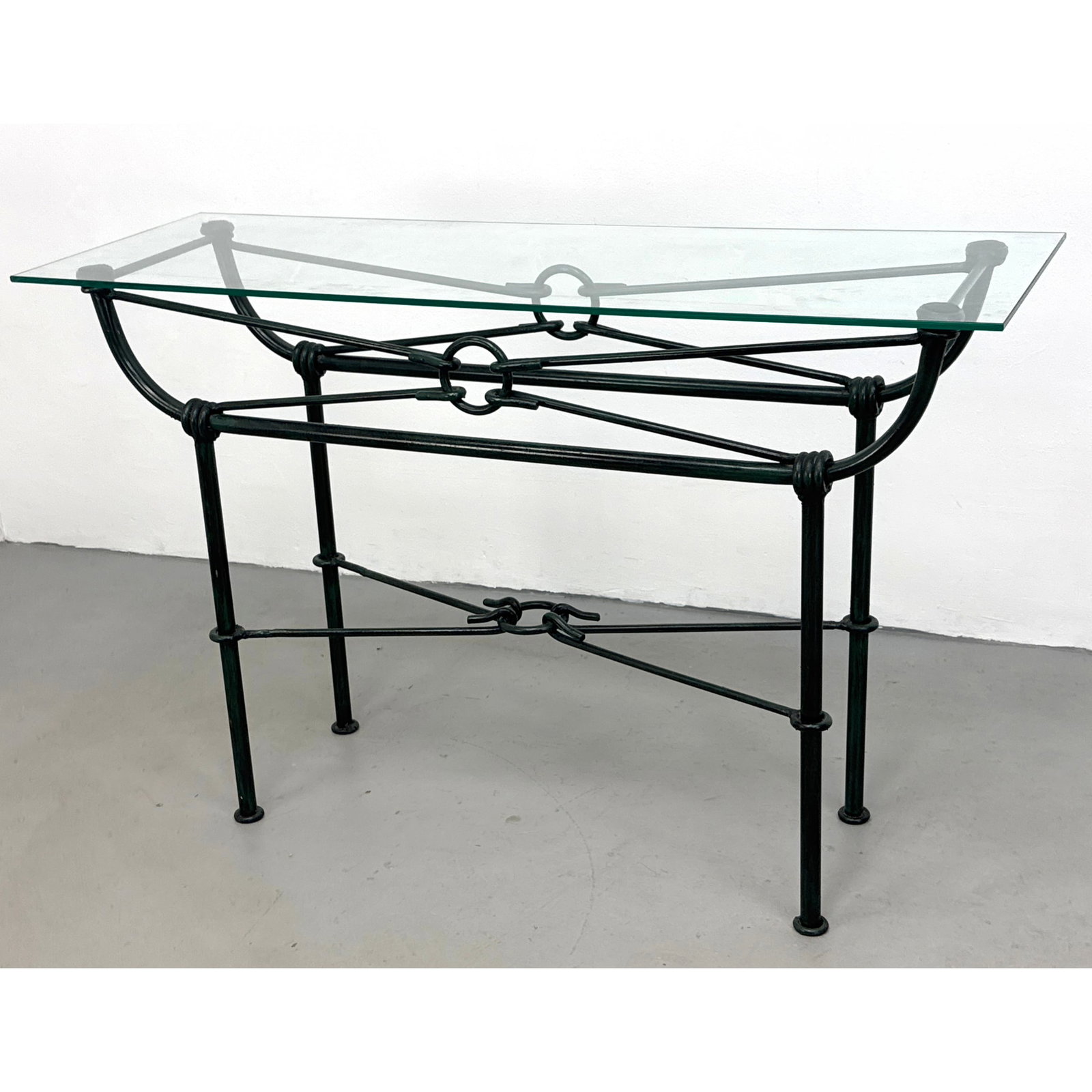 Giacometti Style Patinated Iron and Glass Console Table. (1 of 9)