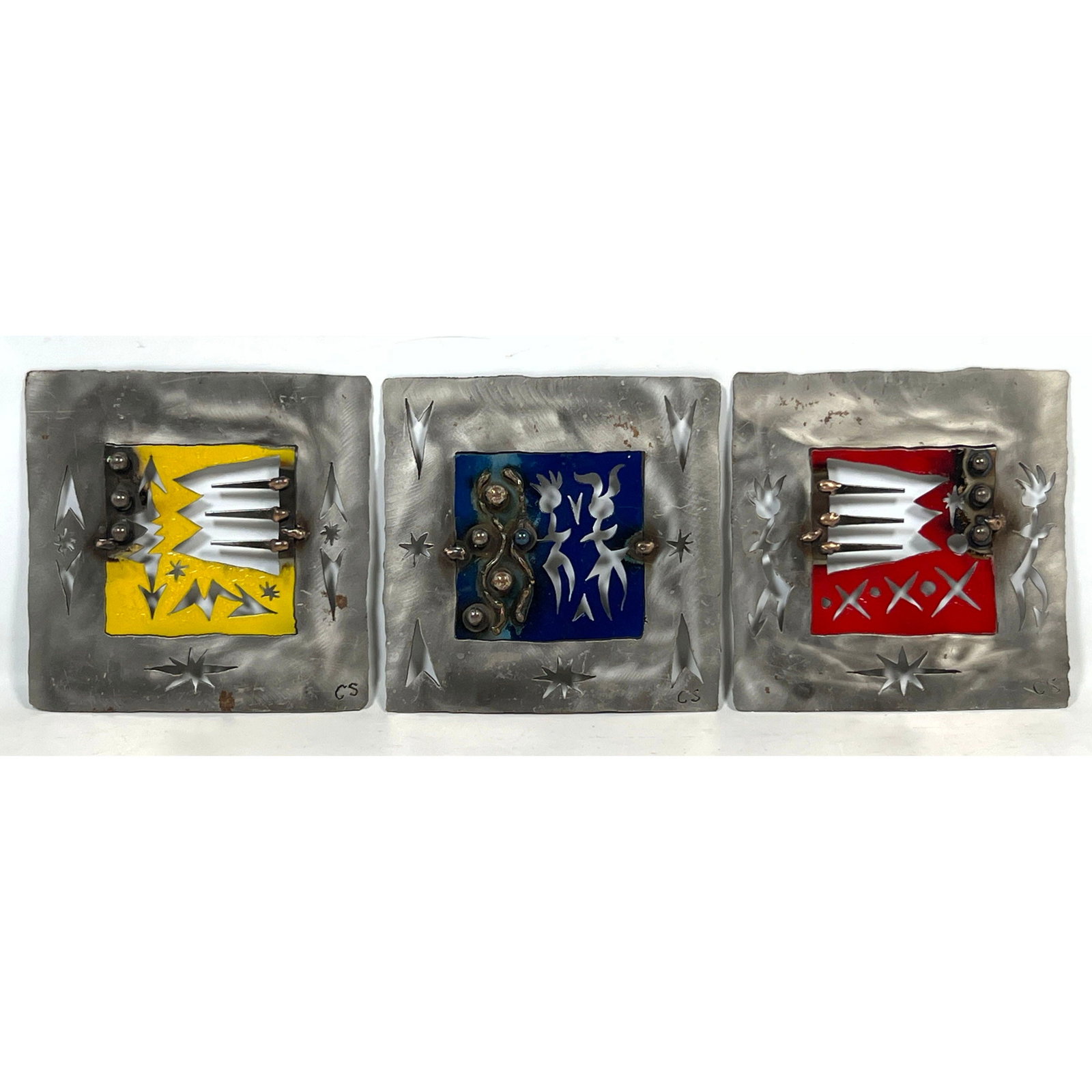 3pc CS Signed Contemporary Industrial Mixed Media Wall Sculptures. Brushed Steel with Enamel Grounds (1 of 14)