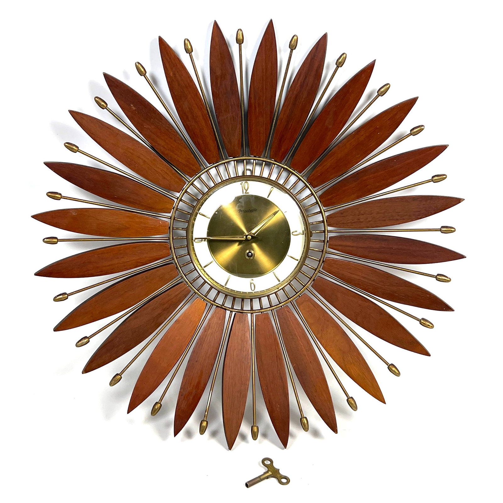 Forestville Mid Century Modern Starburst Wall Clock with Wood Petals and Brass Rods French Movement (1 of 11)