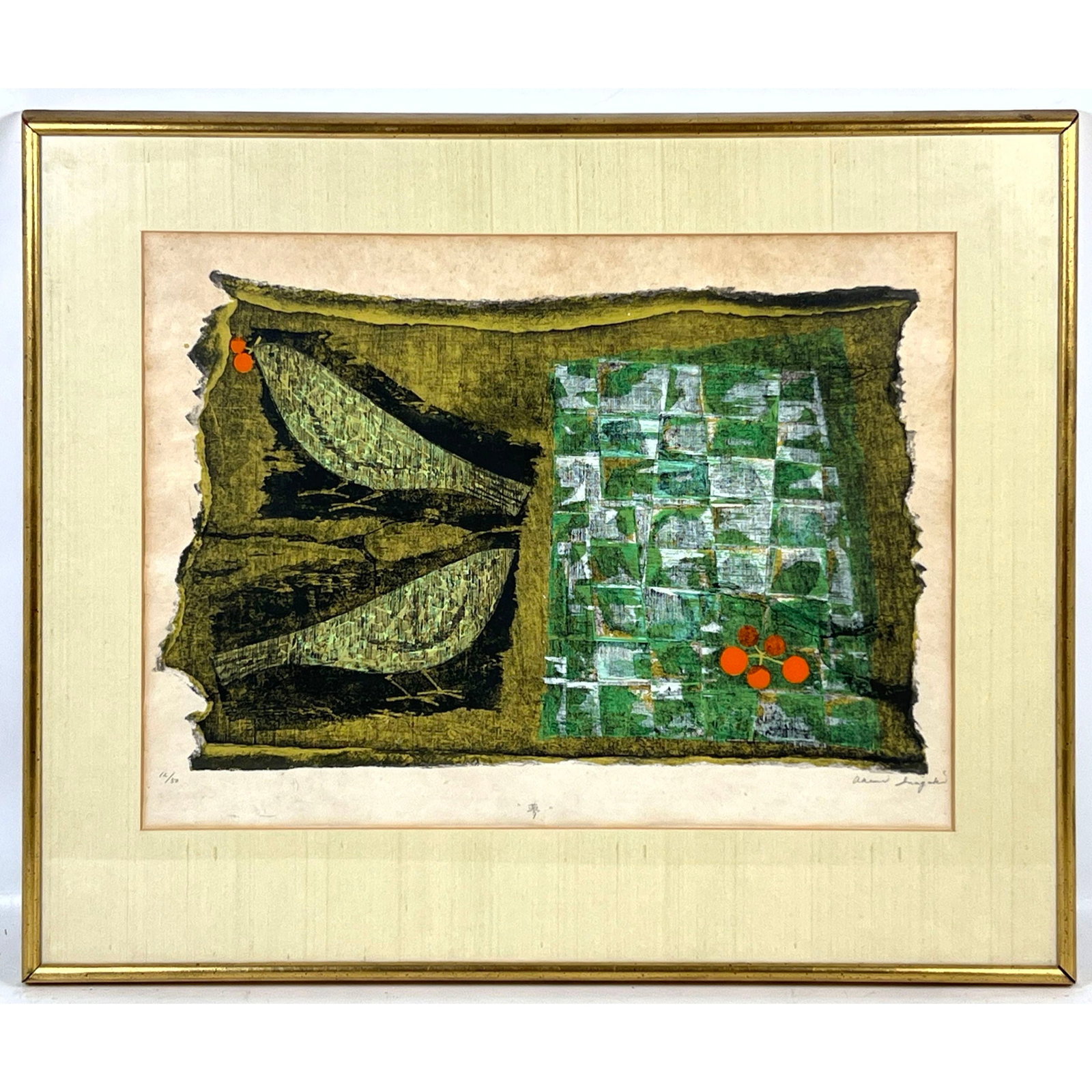 Akemi Imagaku Sosaku-hanga Woodblock Print Titled Dream. Pencil Signed and Numbered 12/50. Framed in: Akemi Imagaku Sosaku-hanga Woodblock Print Titled Dream. Pencil Signed and Numbered 12/50. Framed in Gold Finish with Fabric Mat. Dimensions: Height: 25 inches, Width: 30.5 inches. ---