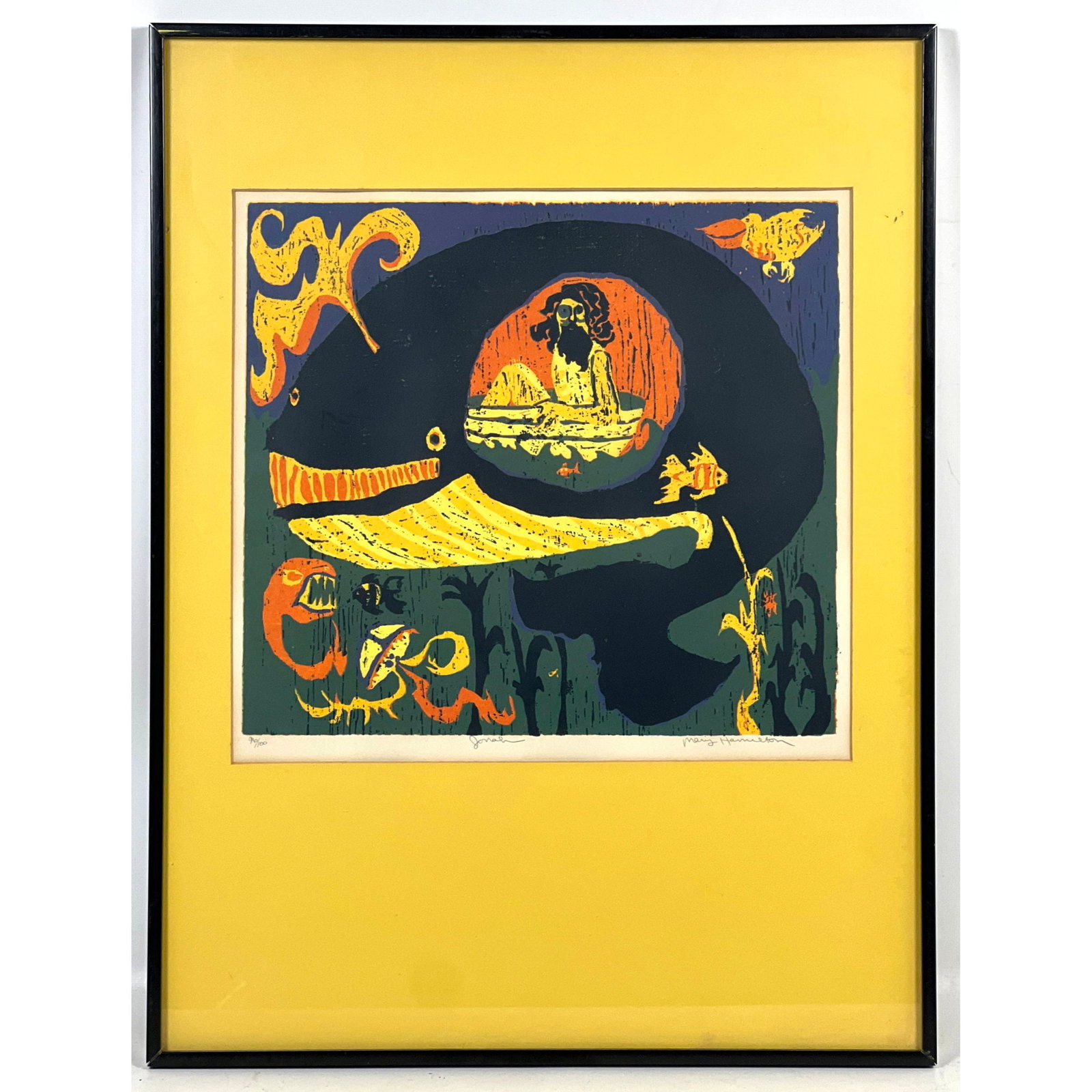 Mary Hamilton Limited Edition Color Linocut Print titled Jonah. Hand Signed and Numbered 96/100. Fra: Mary Hamilton Limited Edition Color Linocut Print titled Jonah. Hand Signed and Numbered 96/100. Framed under glass. Dimensions: Frame Height: 24 inches, Frame Width: 18.25 inches. - Image Size: Image