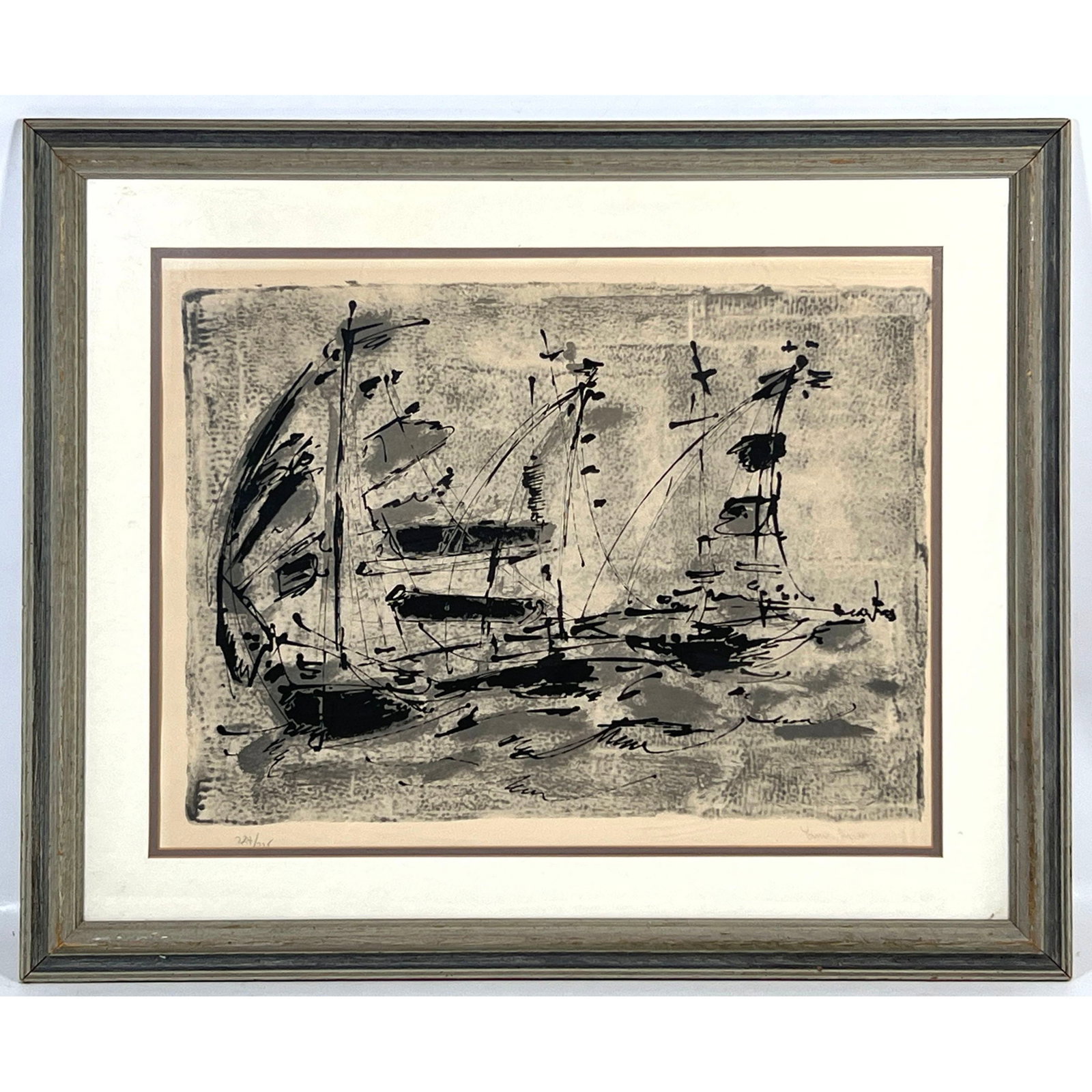 Mid-Century Modern limited edition print of sailing vessels signed and numbered: Mid-Century Modern limited edition print of sailing vessels signed and numbered Dimensions: Frame Height: 27.5 inches, Frame Width: 32.5 inches. - Image Size: Image Height: 19.75 inches, Image Width: 