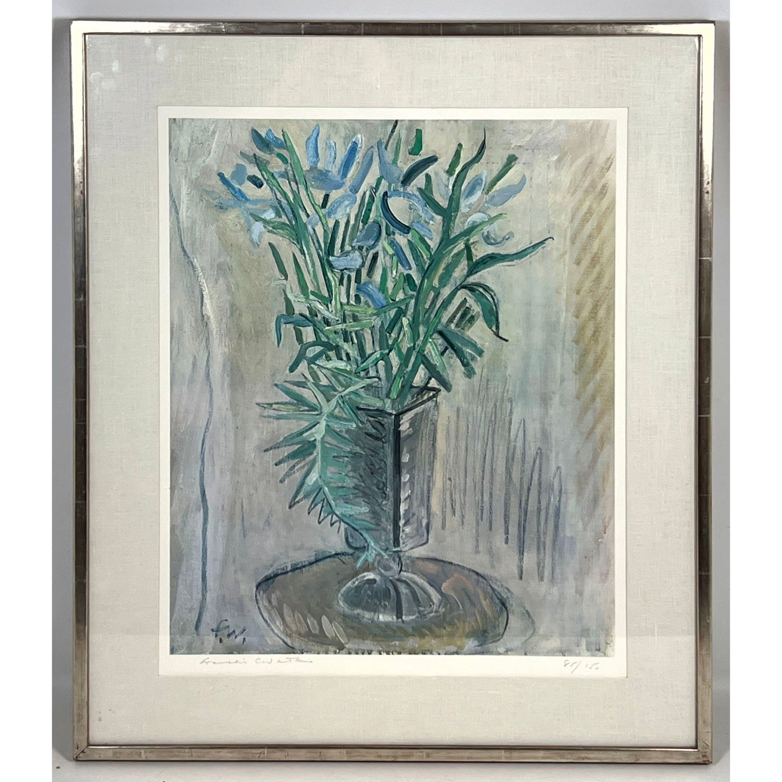 Franklin C. Watkins Still Life with Blue Flowers Color Lithograph Print. Pencil signed and numbered (1 of 7)