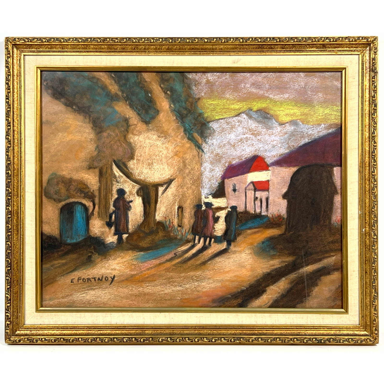 E. Portnoy Mixed Media Painting on Paper. Expressionist Village Scene with Figures and Mountains in: E. Portnoy Mixed Media Painting on Paper. Expressionist Village Scene with Figures and Mountains in Gilt Frame. Signed. Dimensions: Frame Height: 20 inches, Frame Width: 24 inches. - Image Size: Image