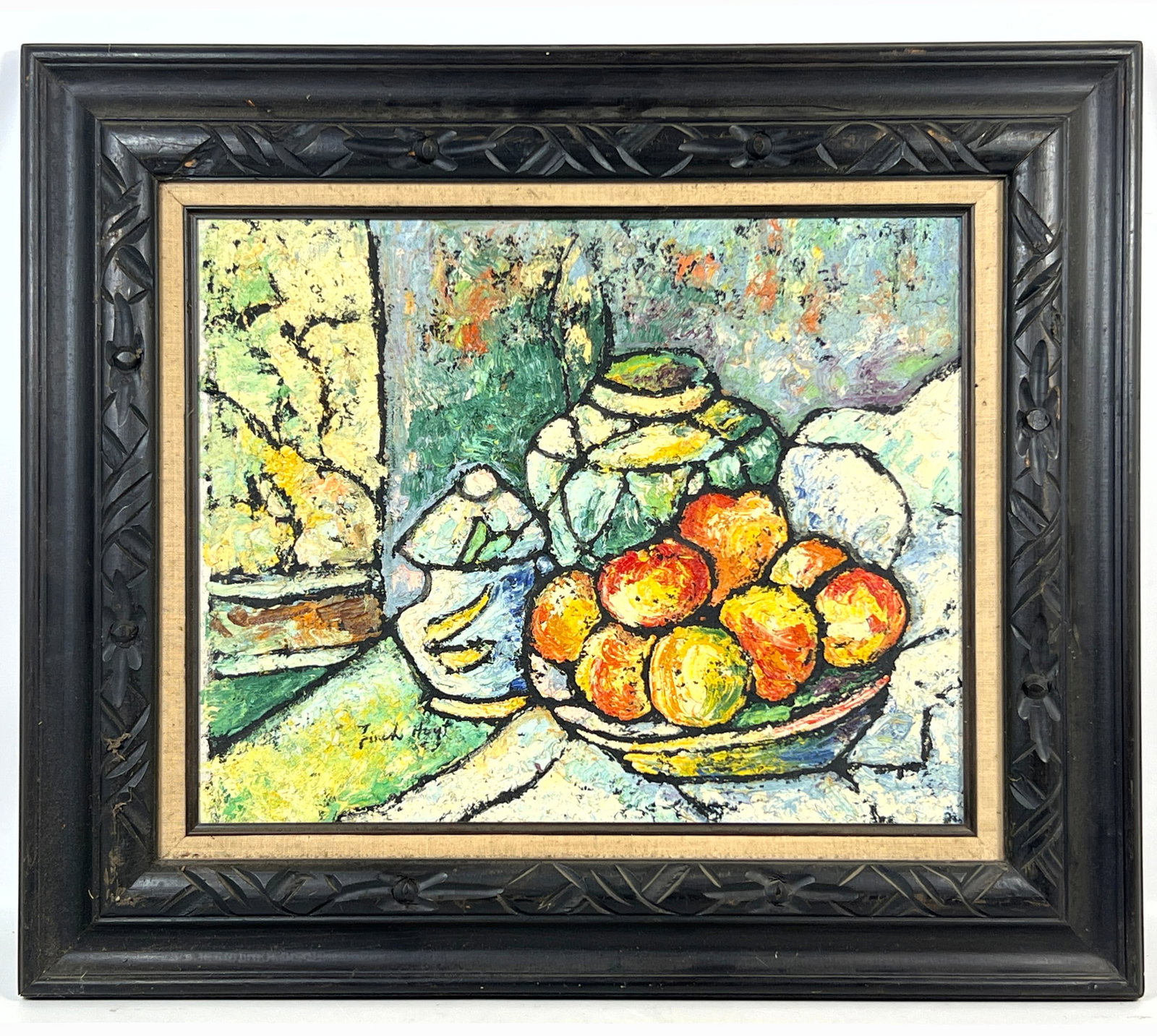 Finch Hoyt Oil on Canvas Still Life Painting with Peaches and Vessels in Carved Frame. Signed. (1 of 8)
