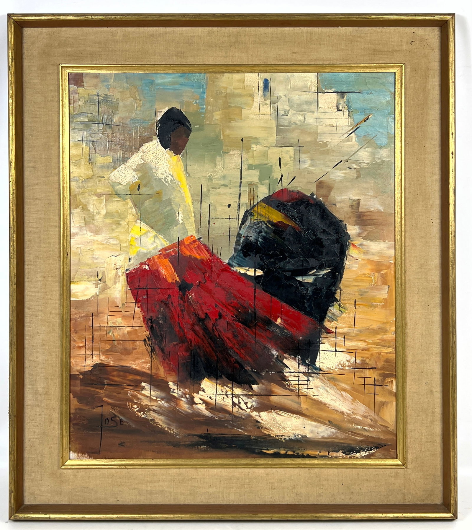 Jose Signed Mid-Century Modern Expressionist Oil Painting on Canvas Depicting a Matador and Bull (1 of 10)
