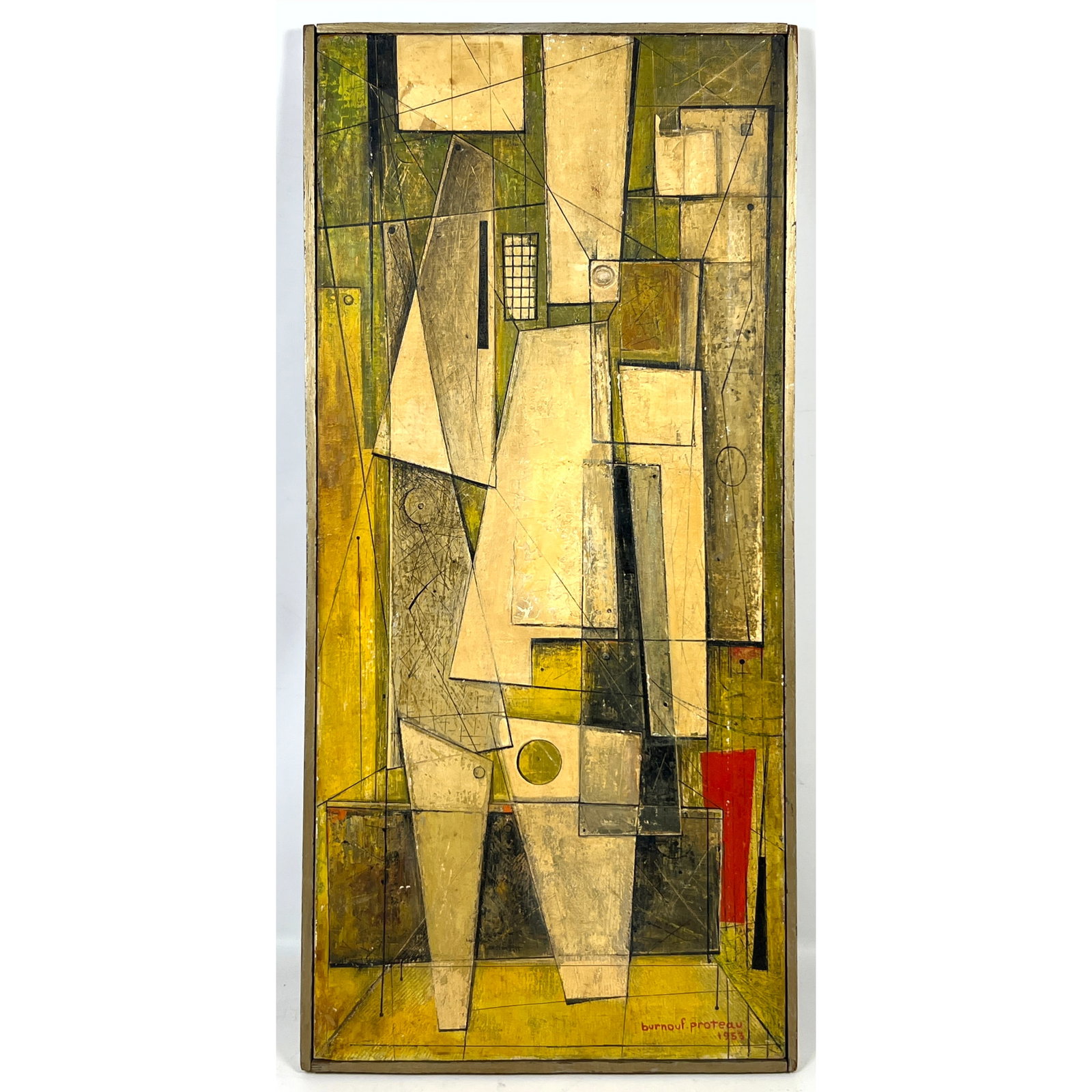 Burnouf Proteau Modernist Geometric Abstract Mixed Media Painting on Canvas. Signed and Dated 1953.: Burnouf Proteau Modernist Geometric Abstract Mixed Media Painting on Canvas. Signed and Dated 1953. Dimensions: Height: 32 inches, Width: 15 inches. --- US Packing and Shipping charge: In house shippi