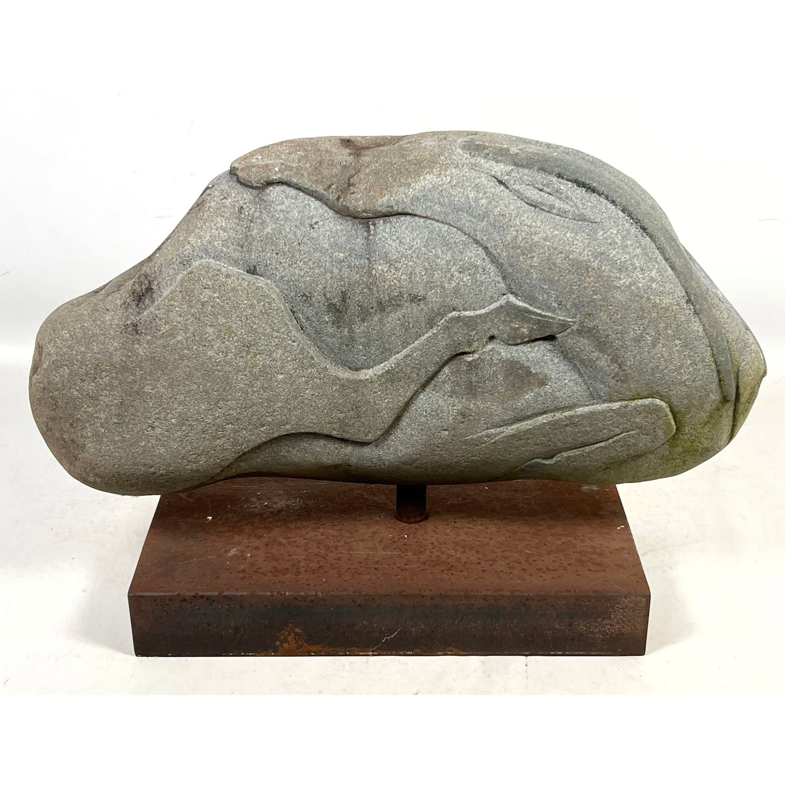 Abstract Modern stone Sculpture of Hoofed Animal. Mounted on Iron Base.: Abstract Modern stone Sculpture of Hoofed Animal. Mounted on Iron Base. Dimensions: Height: 16 inches, Width: 22 inches, Depth: 8 inches. ---