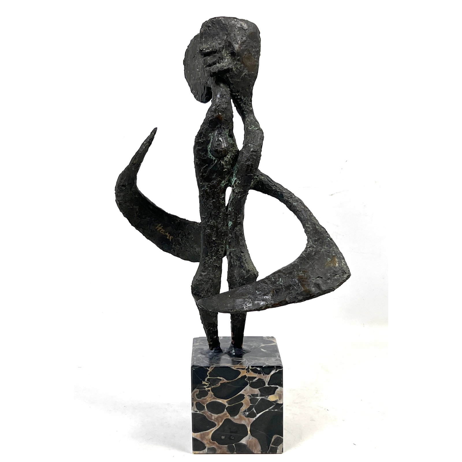 Artist Signed Modernist Abstract Bronze Sculpture with Stylized Figure and Sweeping Crescent Forms o: Artist Signed Modernist Abstract Bronze Sculpture with Stylized Figure and Sweeping Crescent Forms on Marble Base Dimensions: Height: 18.5 inches, Width: 11 inches, Depth: 8 inches. --- US Packing and