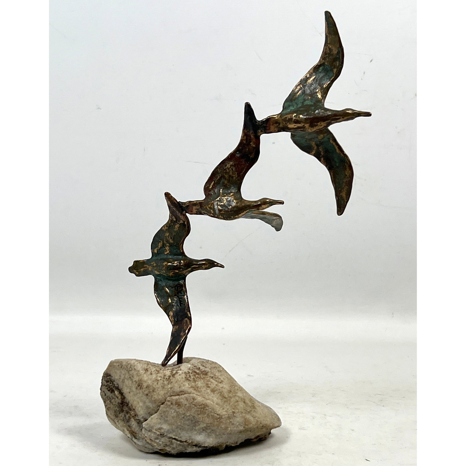 C. Jere Bronze 3 Flying Birds Sculpture on Stone Base dated 1972. Stylized seagulls with verdigris p (1 of 9)