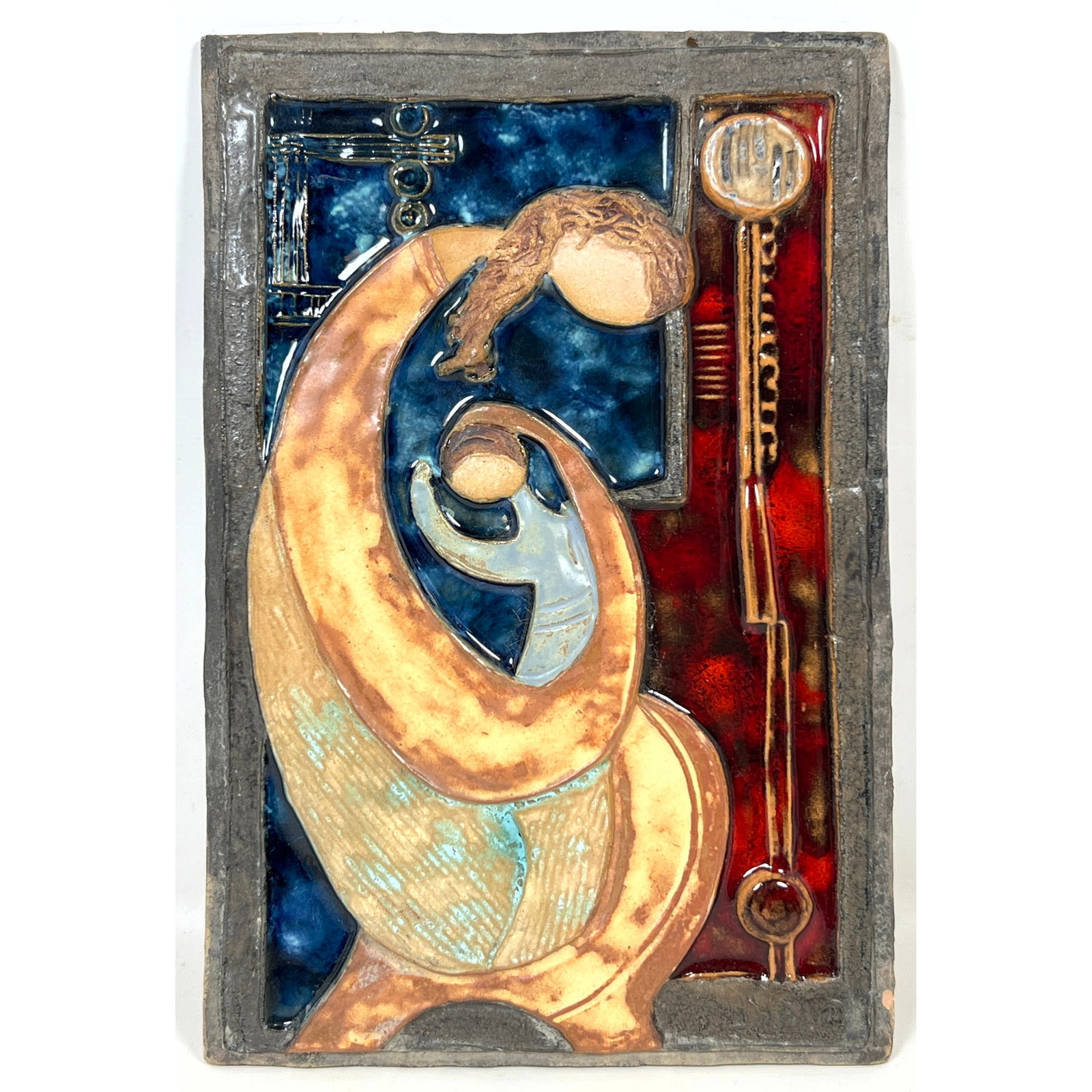 Ruth Faktor Glazed Ceramic Mother and Child Wall Relief Plaque with Cobalt Blue and Oxblood Red Glaz (1 of 9)