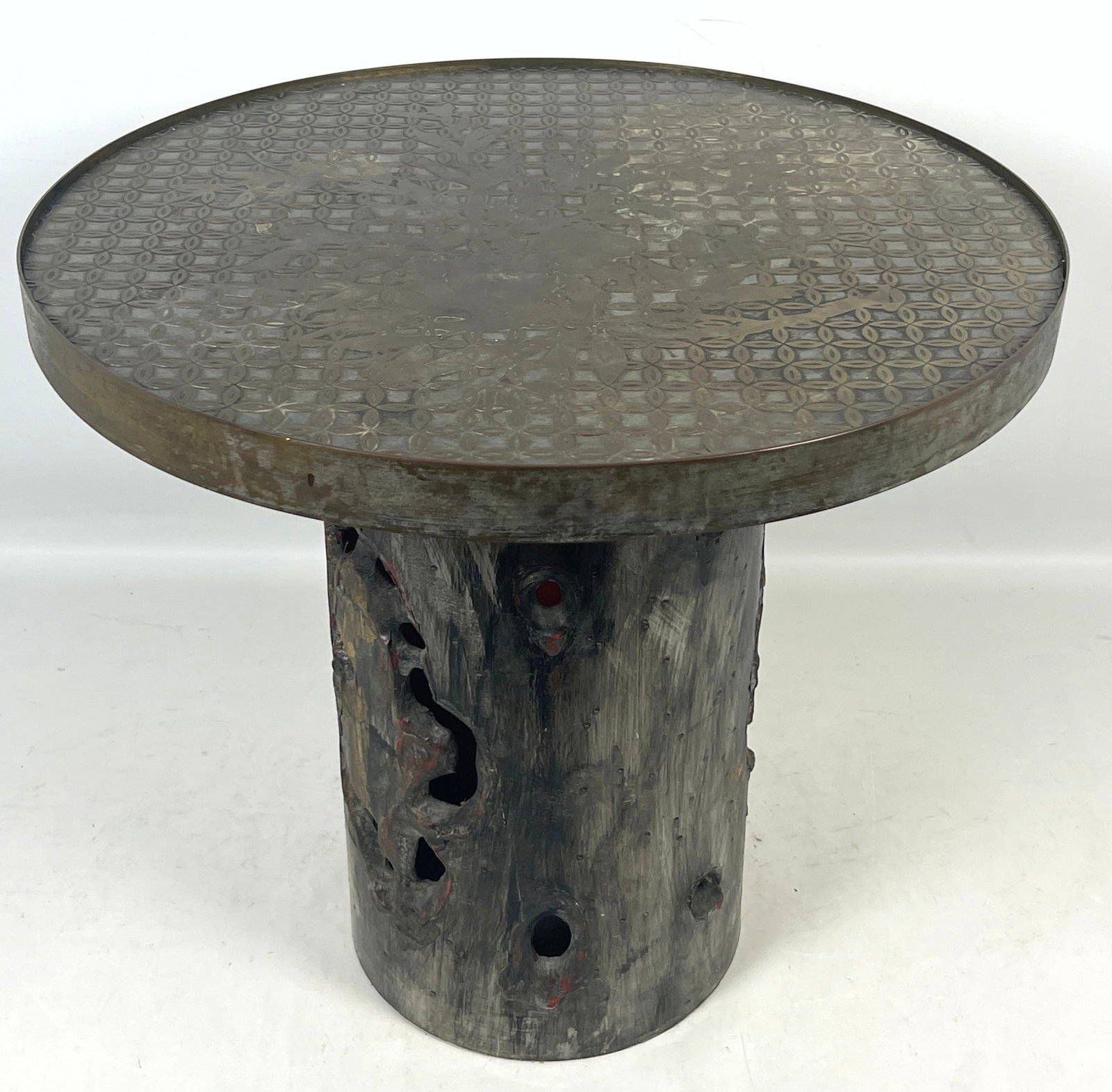 Laverne Attribute Acid Etched Bronze Table Top on Bronze finished Aluminum tree Truck Base. Unmarked: Laverne Attribute Acid Etched Bronze Table Top on Bronze finished Aluminum tree Truck Base. Unmarked. Dimensions: Height: 16.75 inches, Width: 18 inches, Depth: 8 inches. ---