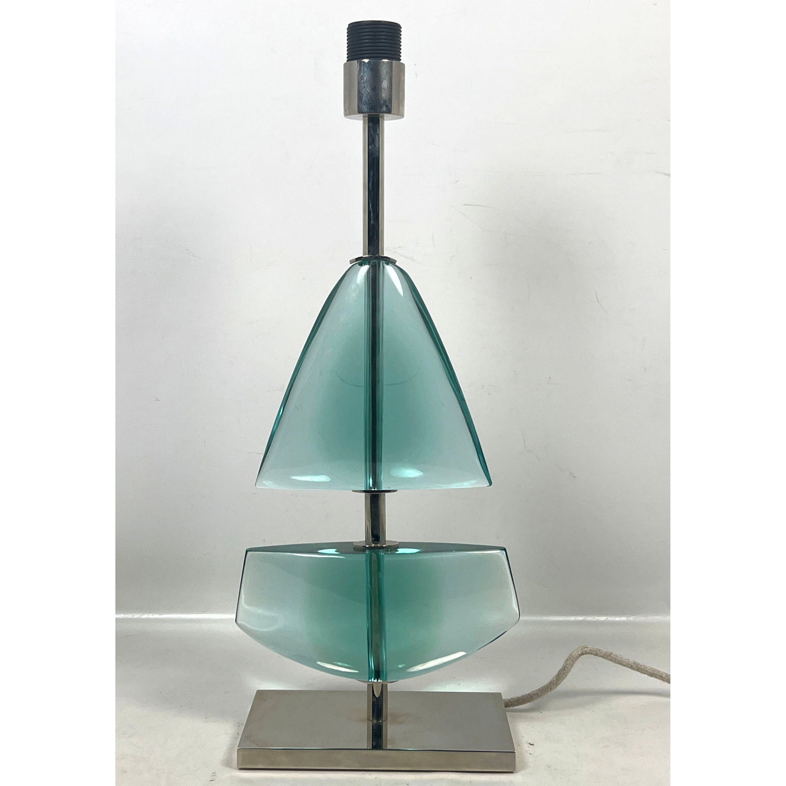 Vela table lamp by Effetto Vetro for Gaspare Asaro. Gradated aqua color glass in the form of a sail: Vela table lamp by Effetto Vetro for Gaspare Asaro. Gradated aqua color glass in the form of a sail boat. Dimensions: Height: 21 inches, Width: 8.5 inches, Depth: 5 inches. --- US Packing and Shipping