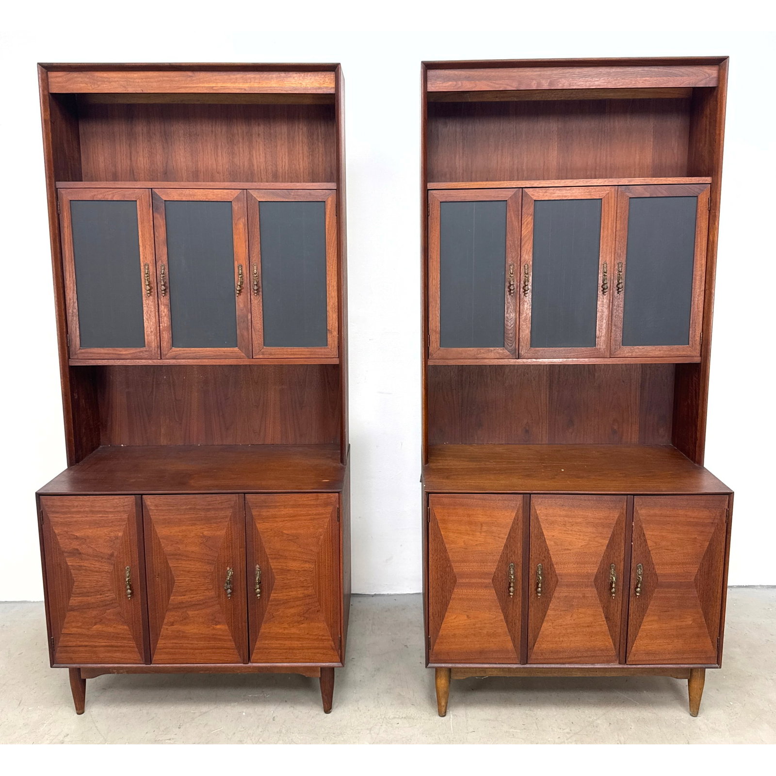 Pair Ramseur Mid Century Modern 2pc Walnut Hutches Cabinets display. (1 of 16)