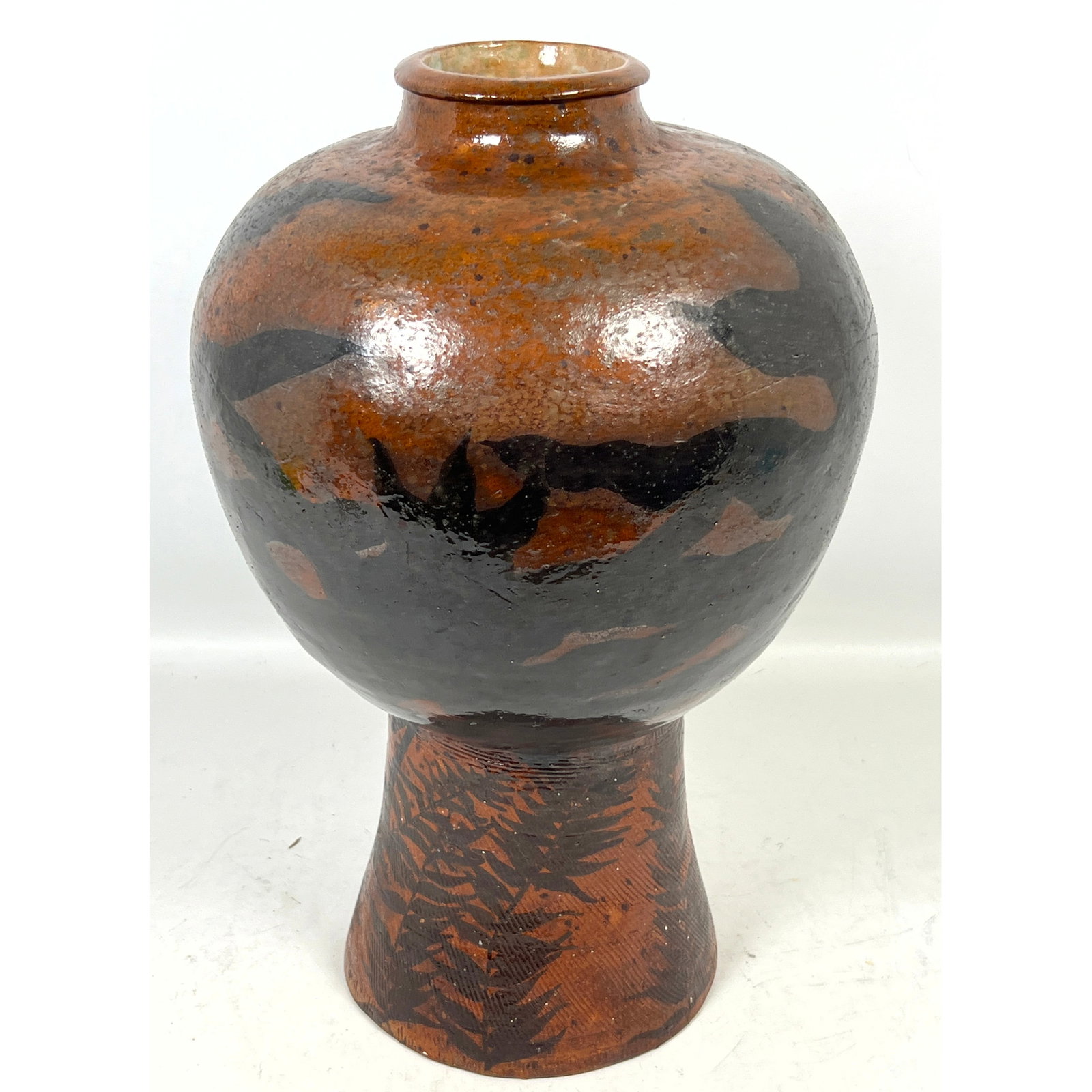 Large Studio Pottery Pedestal Vase with Tenmoku Style Abstract Glaze and Foliate Base. Signed Sutton (1 of 11)