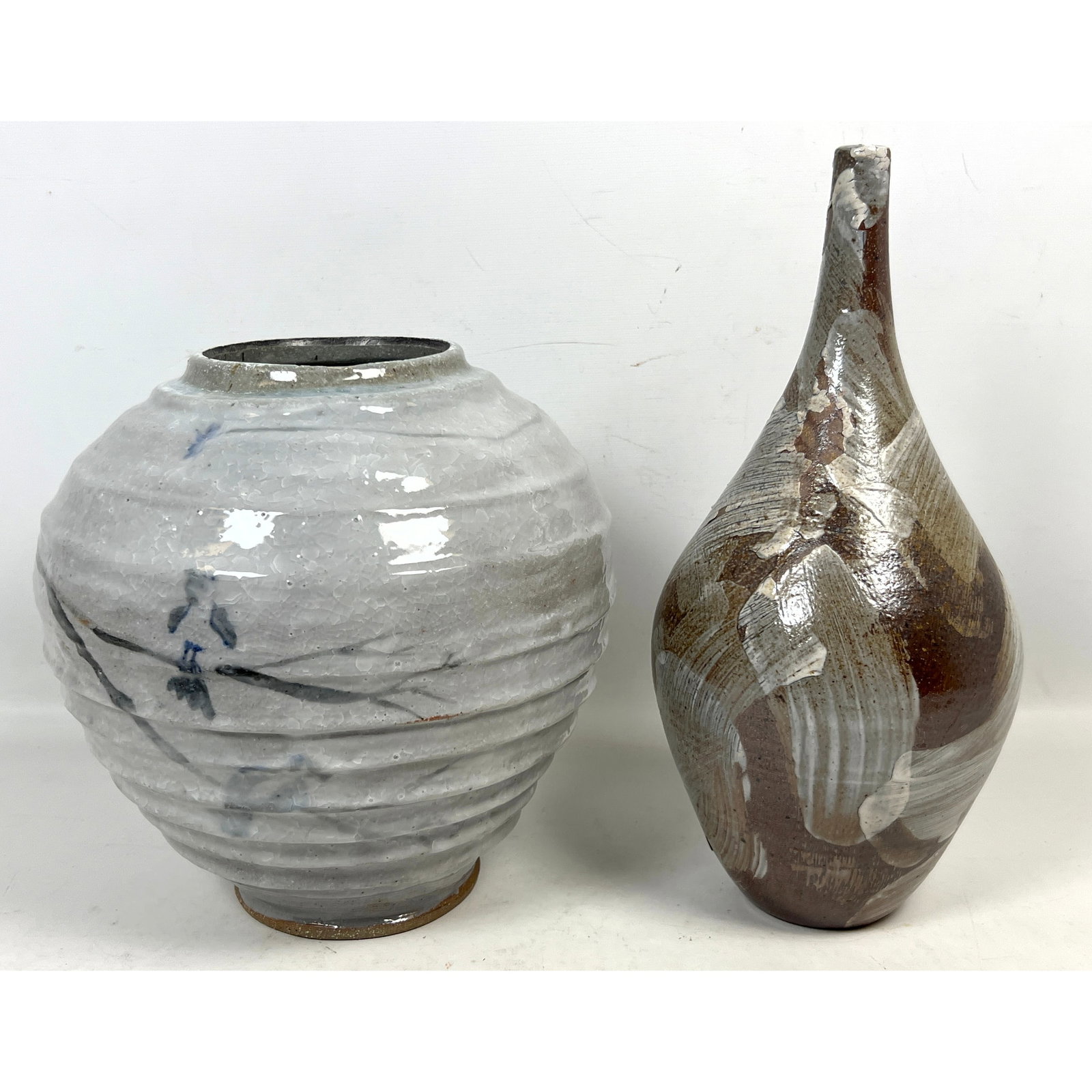 2pc Studio Pottery including Heidi Zella signed ribbed stoneware jar and large shino style stoneware (1 of 16)