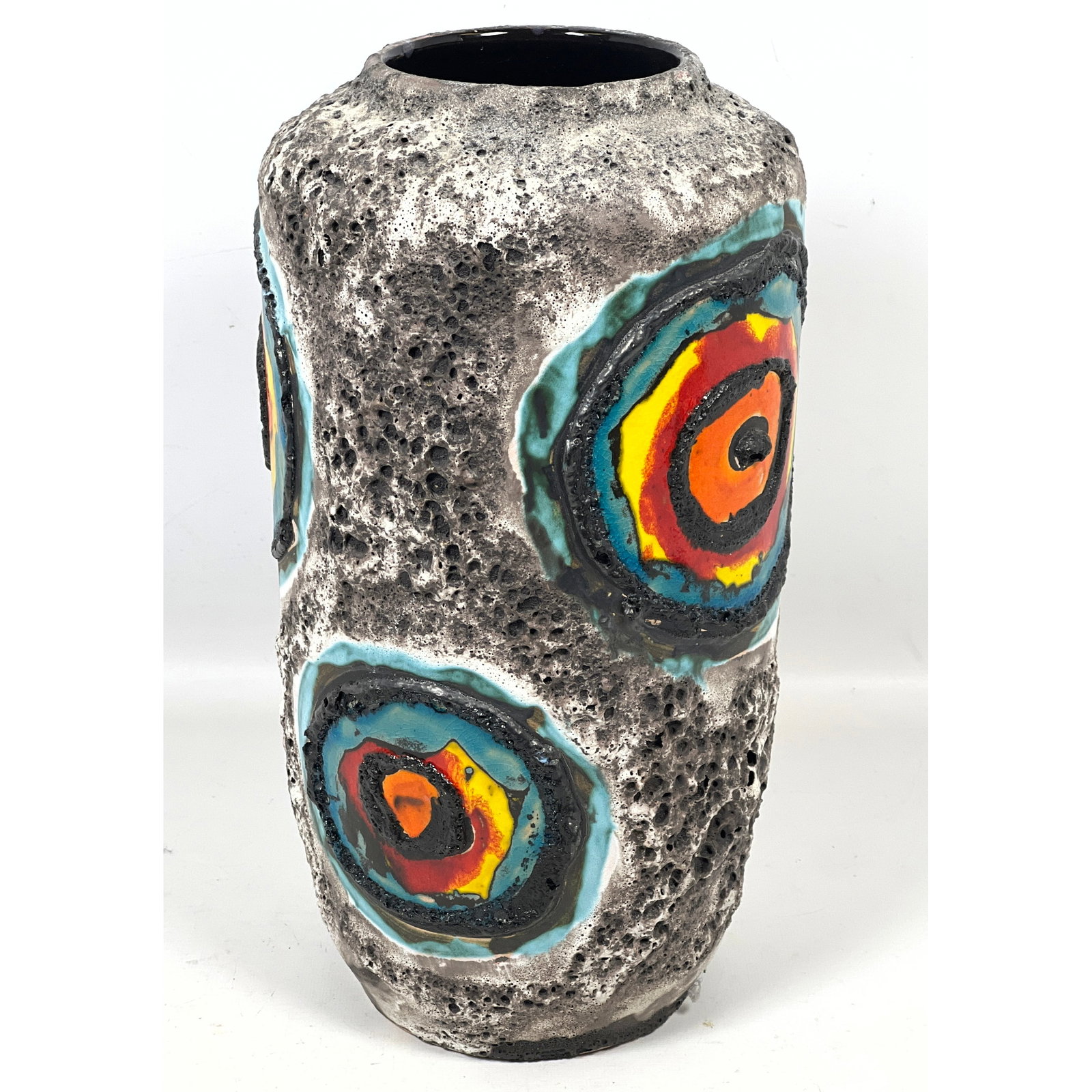 Scheurich West Germany Art Pottery Floor Vase: White / Gray Volcanic Glaze with Blue, Black, Yellow: Scheurich West Germany Art Pottery Floor Vase: White / Gray Volcanic Glaze with Blue, Black, Yellow, Red and Orange Bullseyes. Marked: W. Germany 517-38. Dimensions: Height: 15 inches, Width: 8 inches