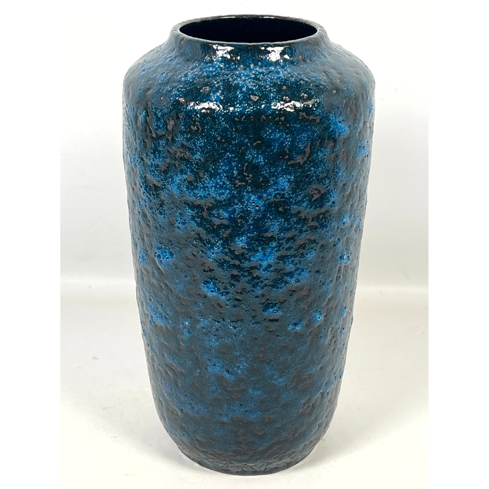 Scheurich West Germany Art Pottery Floor Vase: Fat Blue Volcanic Glaze on black ground. Marked: W. G (1 of 9)