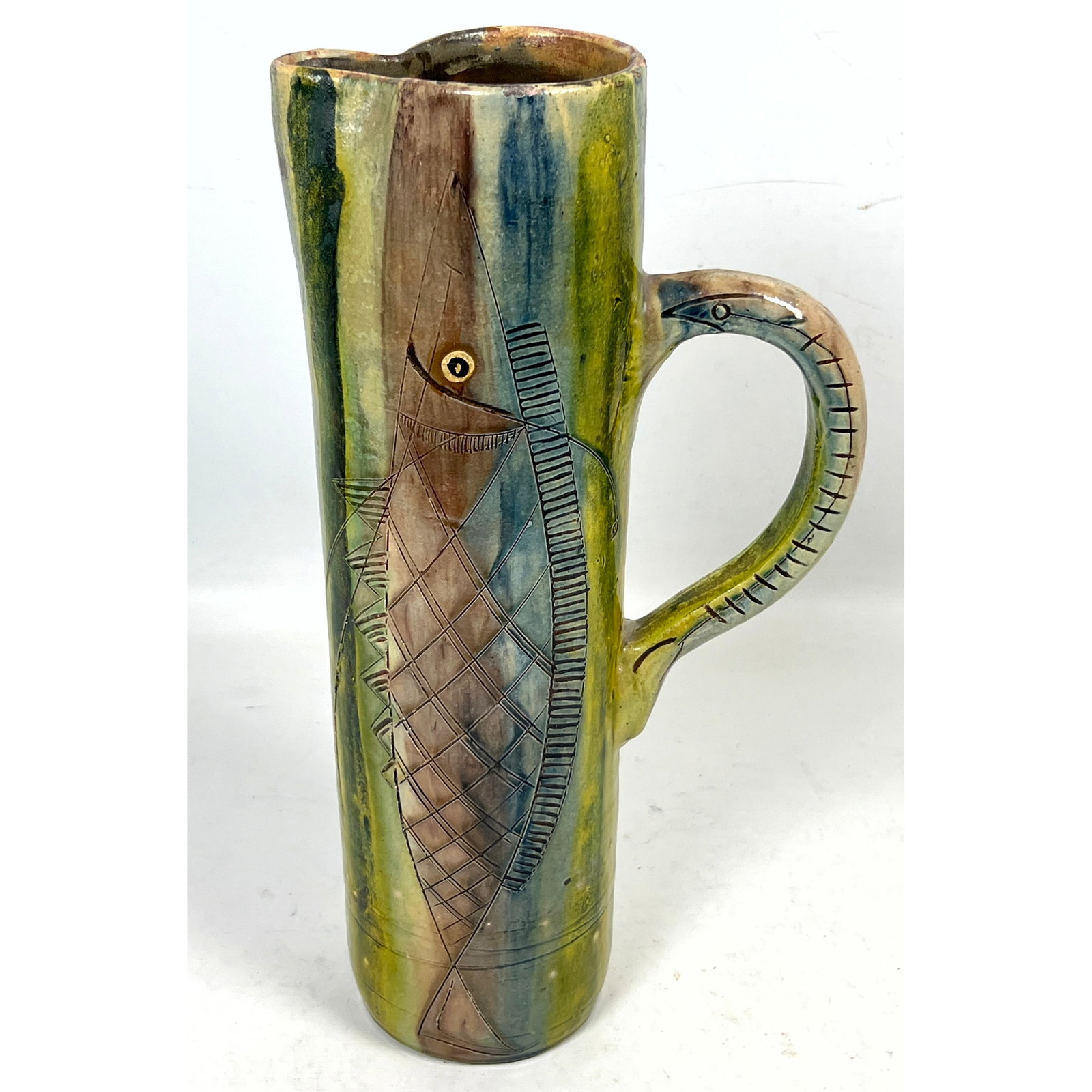 Tall Picasso Style Pitcher with Carved Fish Design. (1 of 12)