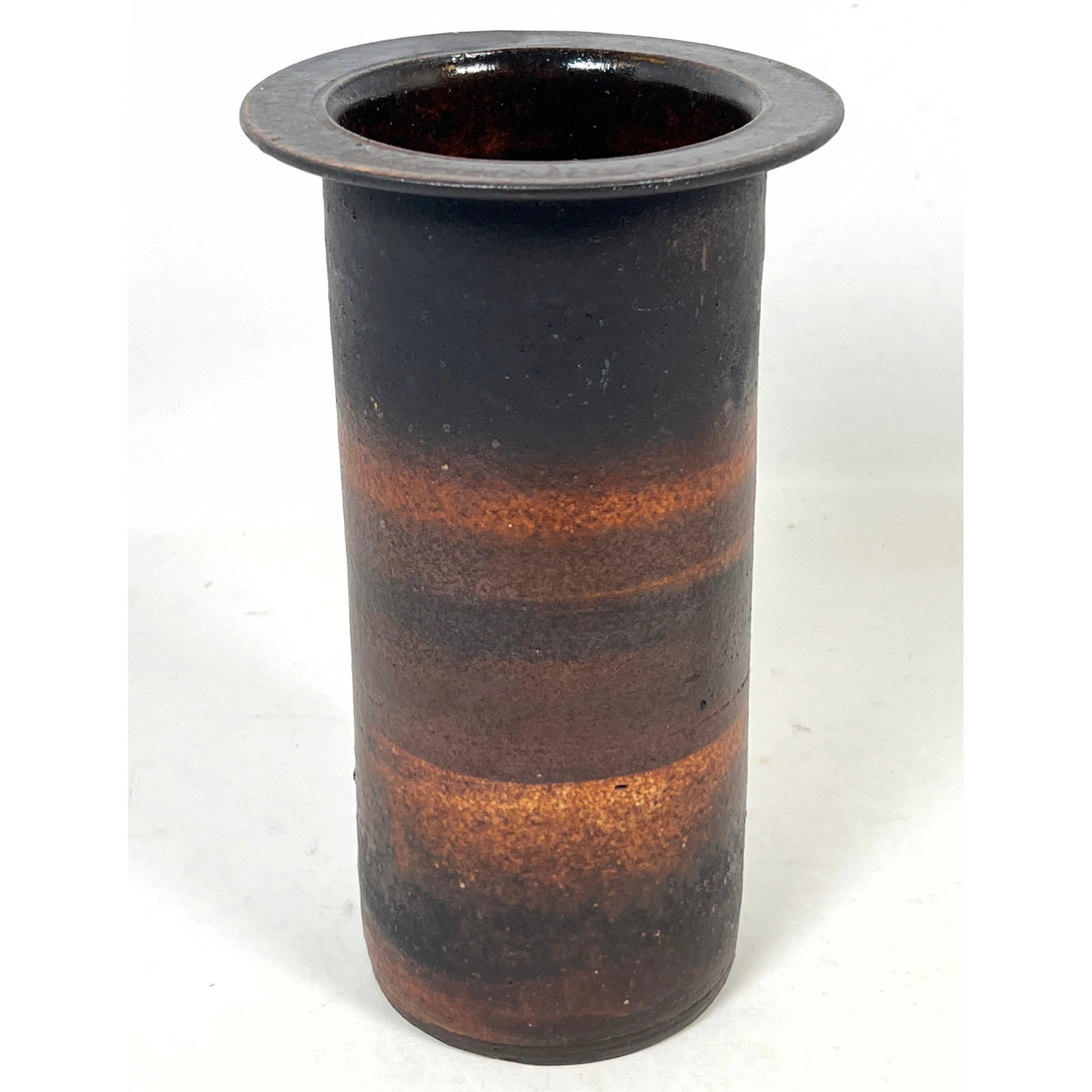 Alessio Tasca Attributed Mid Century Modern Italian Studio Ceramic Cylinder Vase with Matte Charcoal: Alessio Tasca Attributed Mid Century Modern Italian Studio Ceramic Cylinder Vase with Matte Charcoal Glaze and Sienna Orange Bands Marked ITALY Dimensions: Height: 9.5 inches, Width: 5.5 inches, Depth