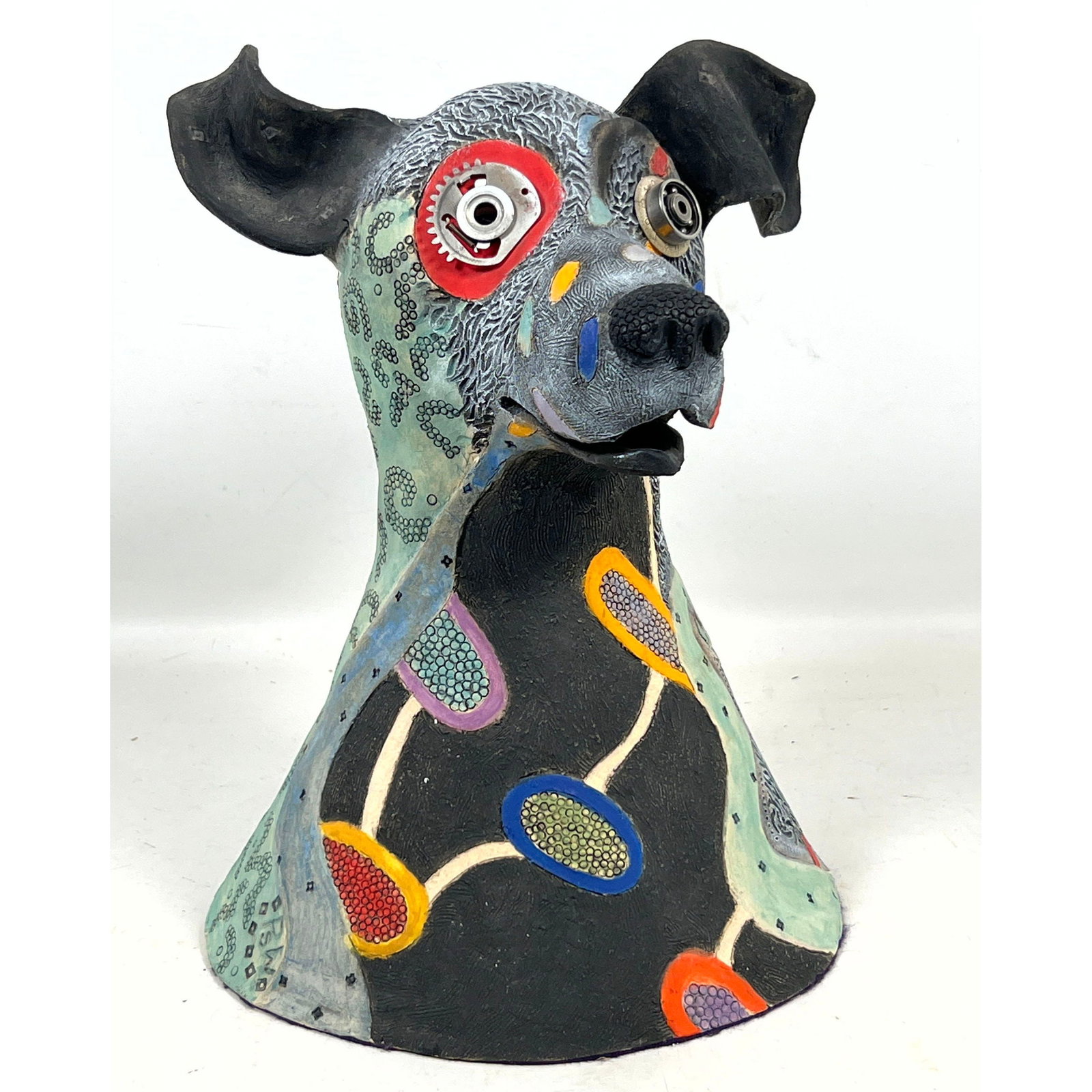 Peggy Sue Wollins Mixed Media Ceramic Dog Bust Sculpture Titled Flyer Signed PSW (1 of 12)