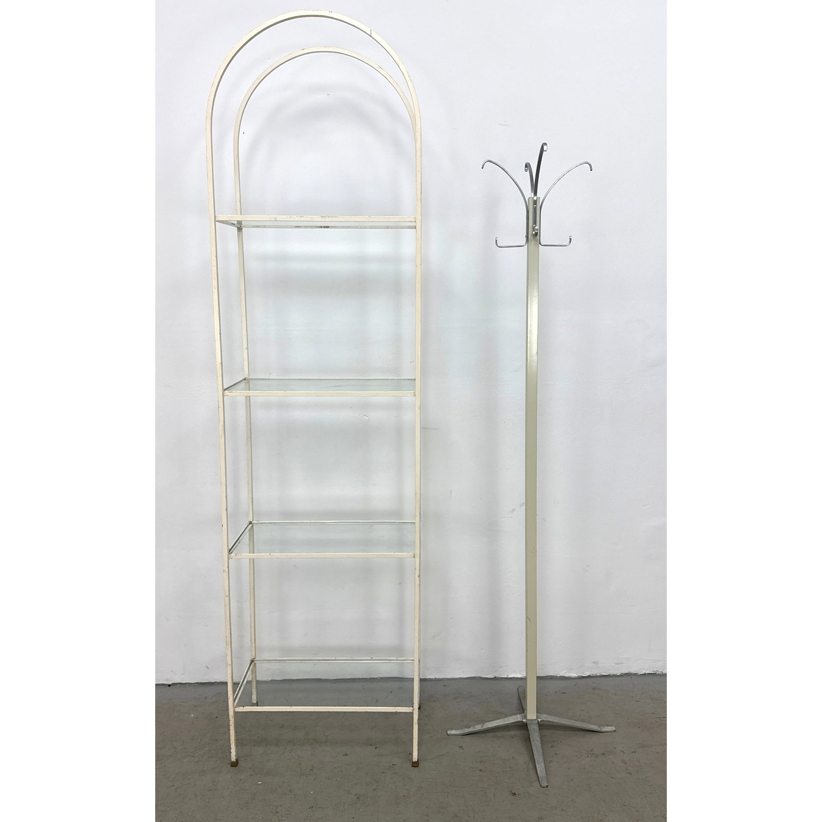 2pc Mid Century Modern Furniture. Arched 4 Tier Etagere with Glass Shelves and Hall Tree Coat Rack. (1 of 13)
