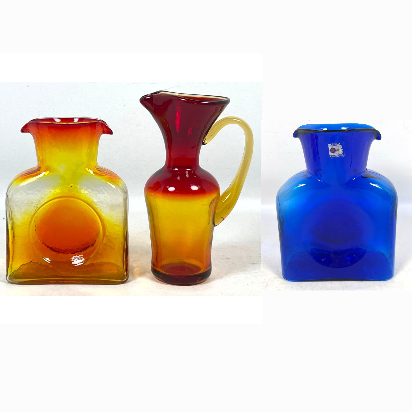 3pc Art Glass lot. Tangerine Amberina glass. 2 double spout Blenko water bottles, one hand handled p (1 of 17)