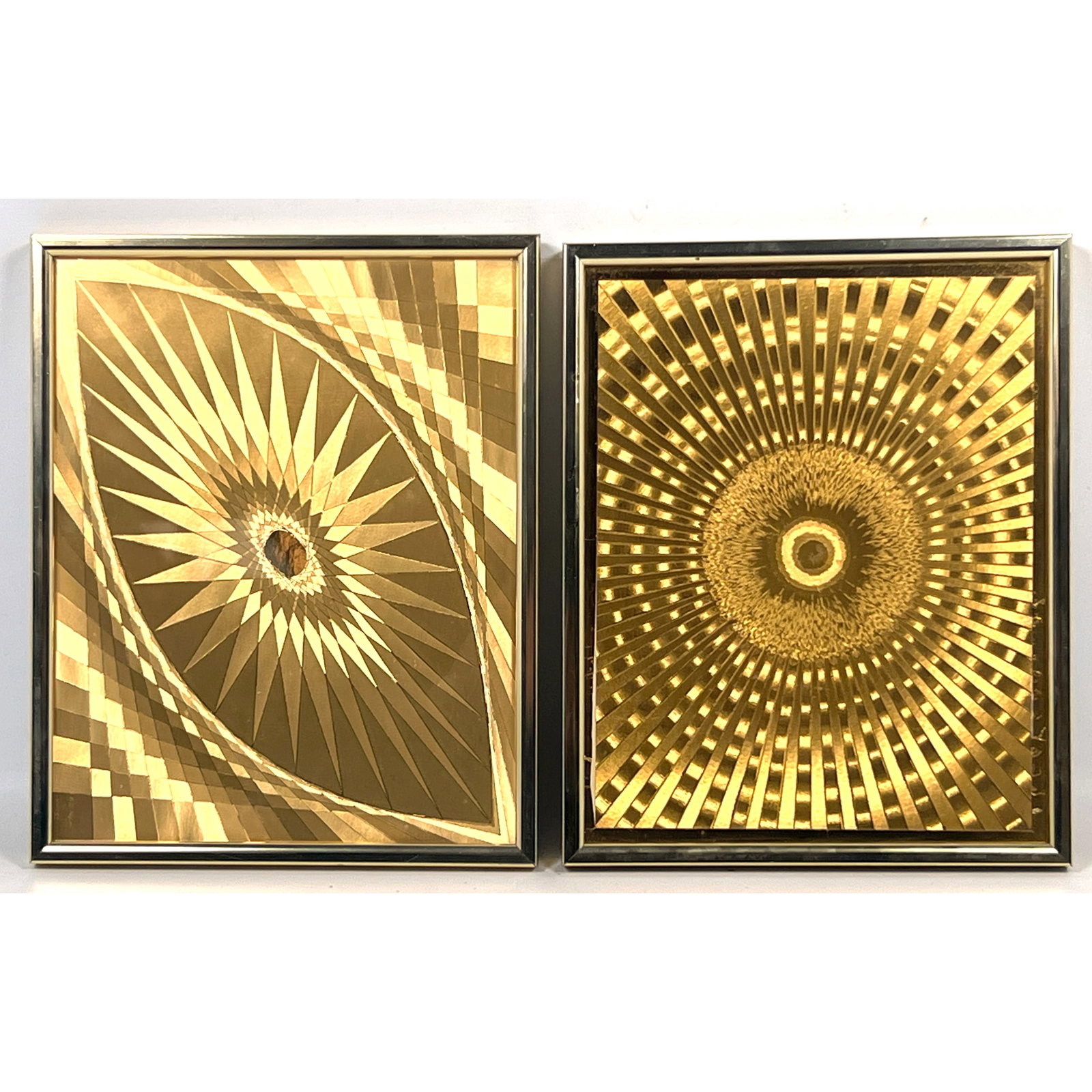 Picture That, Inc., A Pair of Mid Century Modern Geometric Op Art Foil Compositions. Gold Toned Fram: Picture That, Inc., A Pair of Mid Century Modern Geometric Op Art Foil Compositions. Gold Toned Frames. Picture That, Inc., A Pair of Mid Century Modern Geometric Op Art Foil Compositions. Gold Toned 