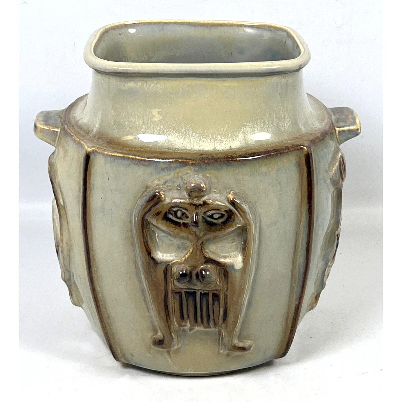 Soholm Denmark Art Pottery Vase: Modernist design with abstract figures. 10" tall, 9" wide. Incised: Soholm Denmark Art Pottery Vase: Modernist design with abstract figures. 10" tall, 9" wide. Incised signatures with artist initials and numbers Dimensions: Height: 10 inches, Width: 9 inches, Depth: 9