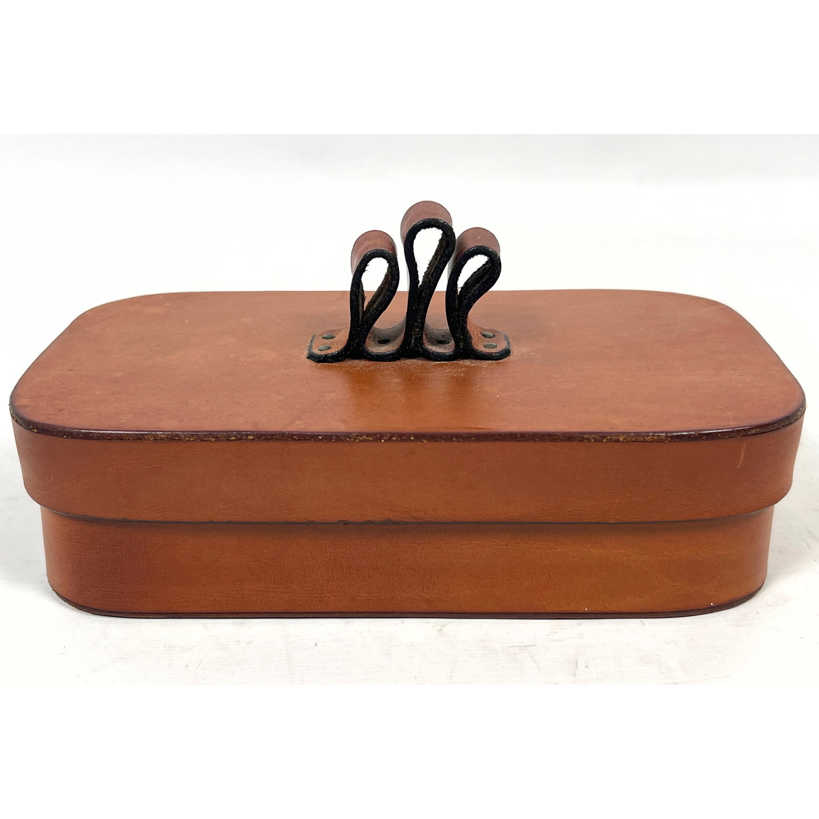 Italian Rectangular Brown Leather Valet Box with Triple Loop Handle and Red Velvet Lining Signed Gro (1 of 11)