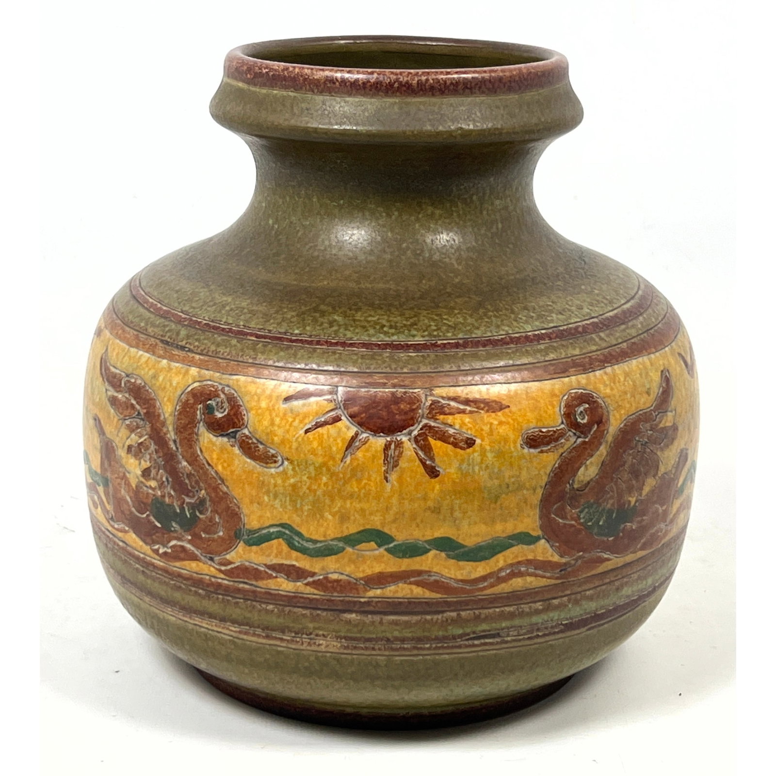 Vintage Italian Art Pottery Vase: MCM vase with incised decoration: Painted signature with artist i (1 of 10)