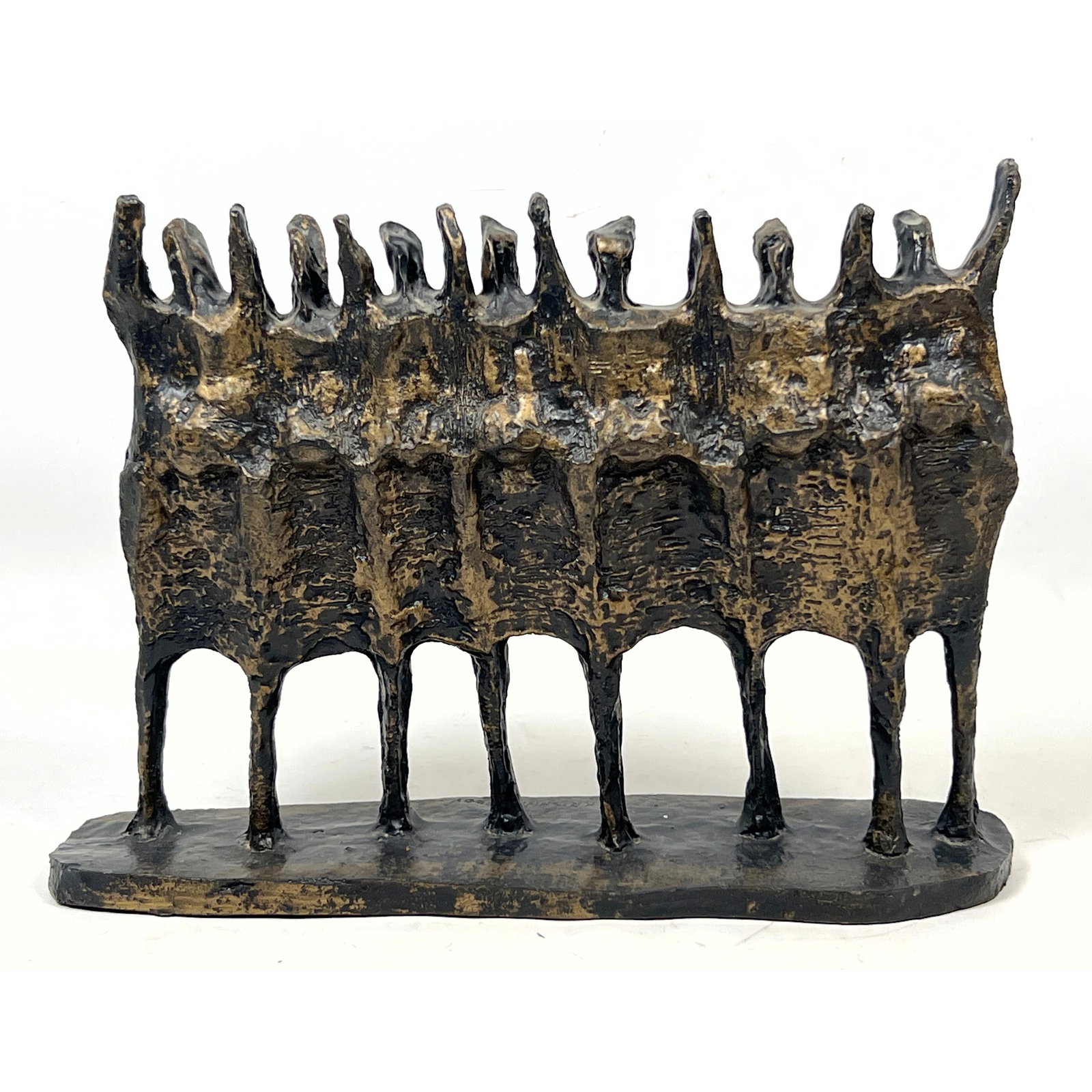 KRISHNA REDDY Brutalist Figural Sculpture. Composite plaster material with bronzed finish. "The Visi: KRISHNA REDDY Brutalist Figural Sculpture. Composite plaster material with bronzed finish. "The Vision" shows group of people side by side with raised arms. AKA "Demonstration with Multiple Figures". 