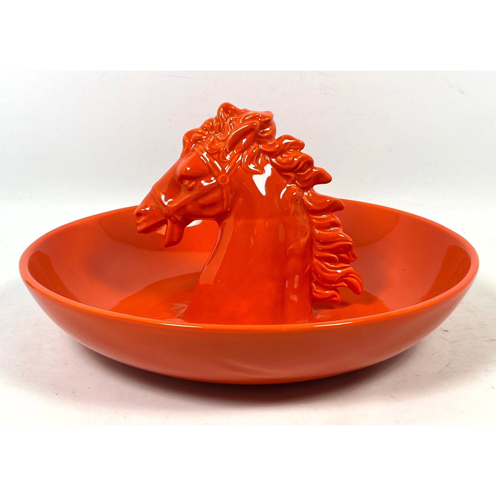 Rebirth Ceramics Il Cavallo Aaron Large Orange Italian Art Pottery Centerpiece Bowl With Horse Head: Rebirth Ceramics Il Cavallo Aaron Large Orange Italian Art Pottery Centerpiece Bowl With Horse Head Sculpture Dimensions: Height: 8 inches, Width: 14 inches, Depth: 14 inches. ---