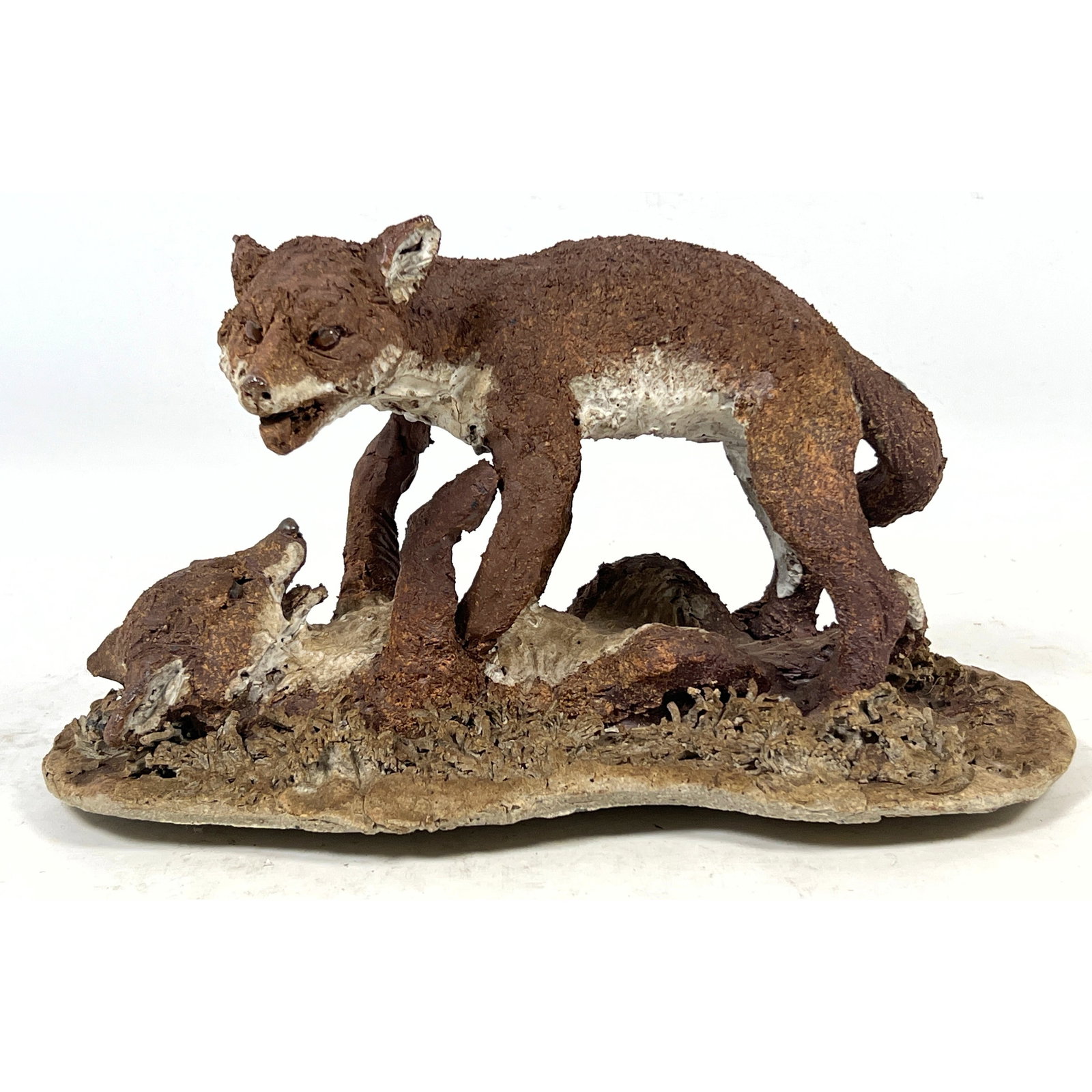 Winslow Textured Wildlife Sculpture of Two Foxes in Naturalistic Interaction. Signed on Base. (1 of 10)
