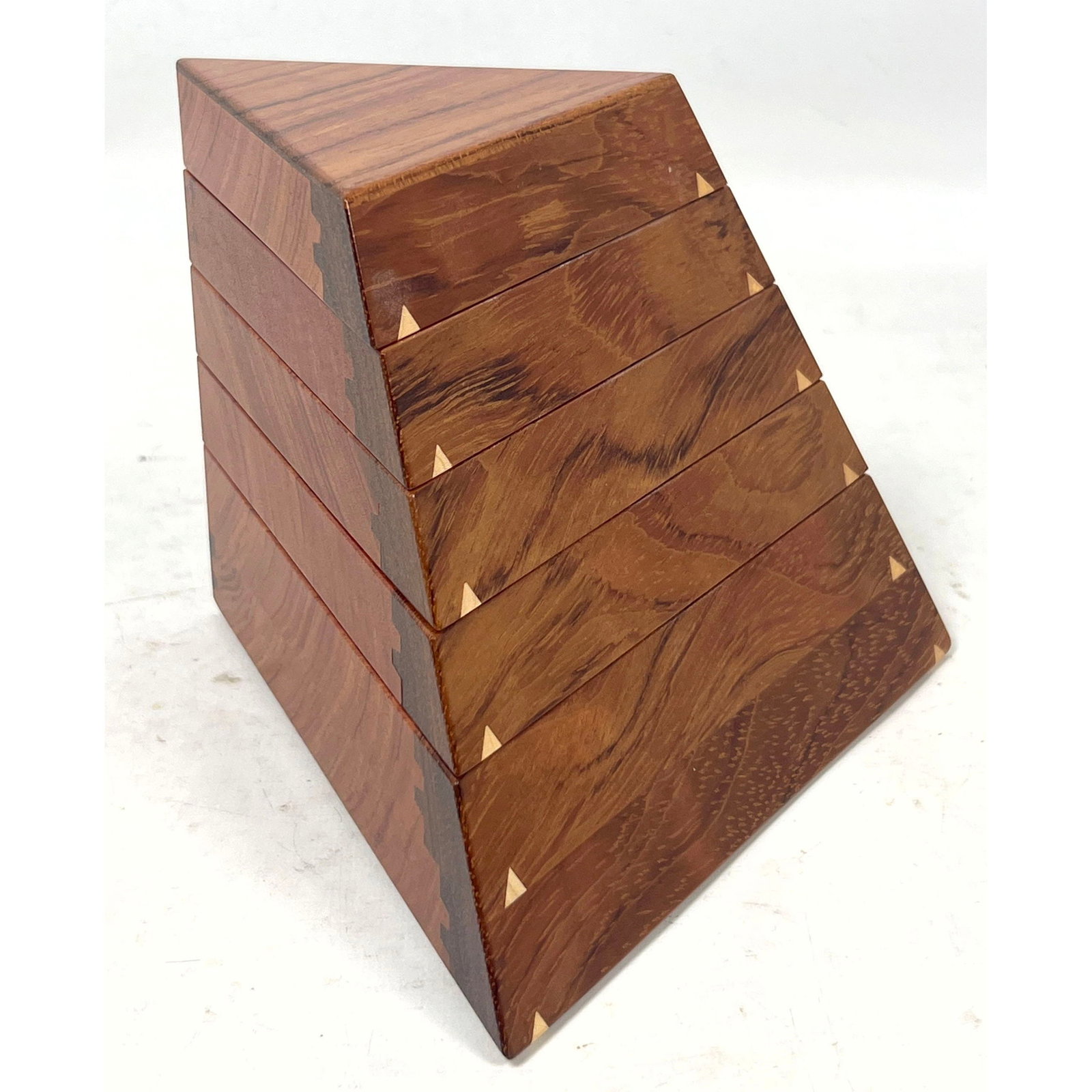 Eugene Watson for Watson Woodworks Bubinga Wood Trapezoid Jewelry Box with 5 Pivoting Trays and Secr: Eugene Watson for Watson Woodworks Bubinga Wood Trapezoid Jewelry Box with 5 Pivoting Trays and Secret Compartment Dimensions: Height: 6 inches, Width: 4 inches, Depth: 4 inches. --- US Packing and Sh