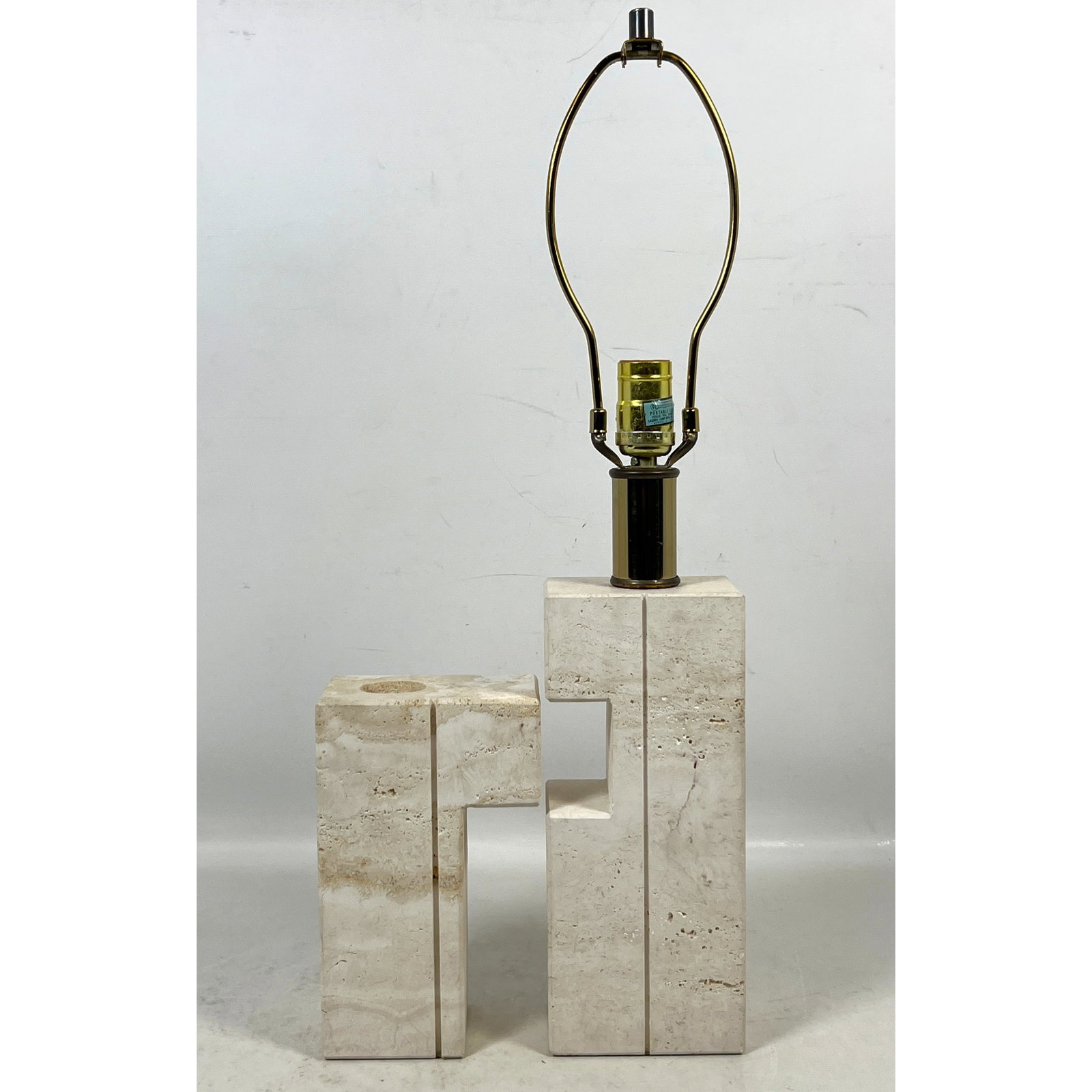 2pc Laurel Modern Travertine Stone Interlocking Sculptural Table Lamp and Matching Accessory candle (1 of 12)