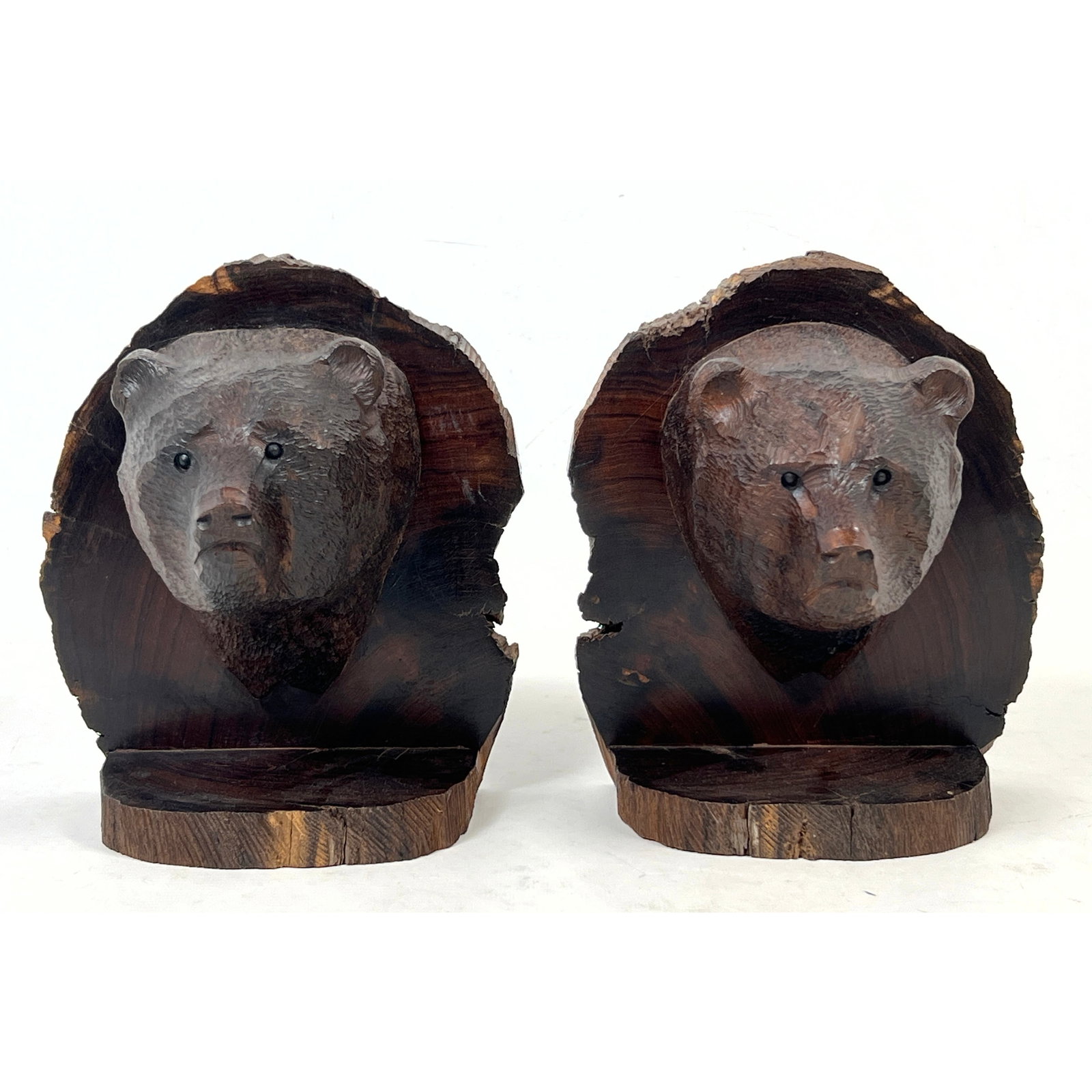 Pr hand carved ironwood bear head bookends featuring rustic live edge plaques and inset bead eyes. (1 of 10)
