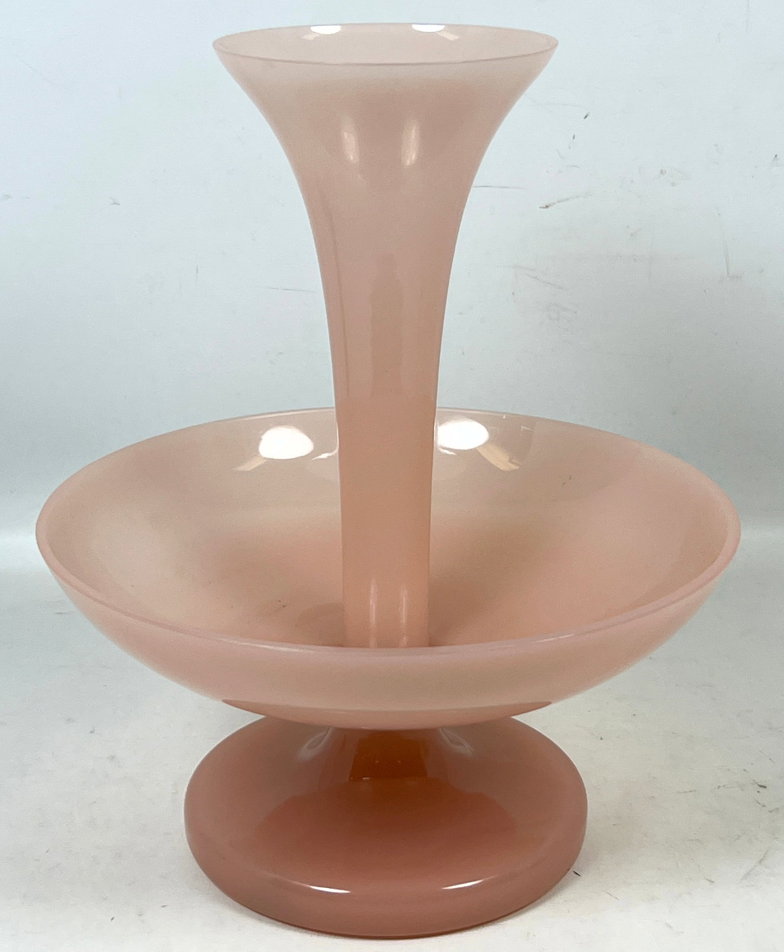 2pc Venetian Pink Opaline Satin Glass Epergne with Single Trumpet Lily Insert and Pedestal Bowl. Uns (1 of 9)