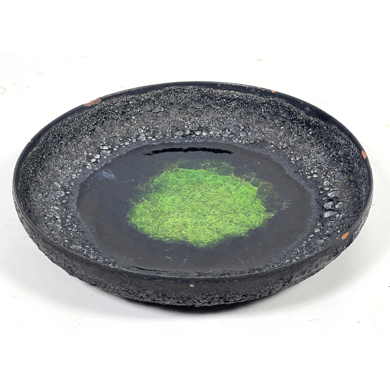 9 Beatrice Wood Art Pottery Bowl: Volcanic black glazed earthenware with green crackle glass. Signed (1 of 10)