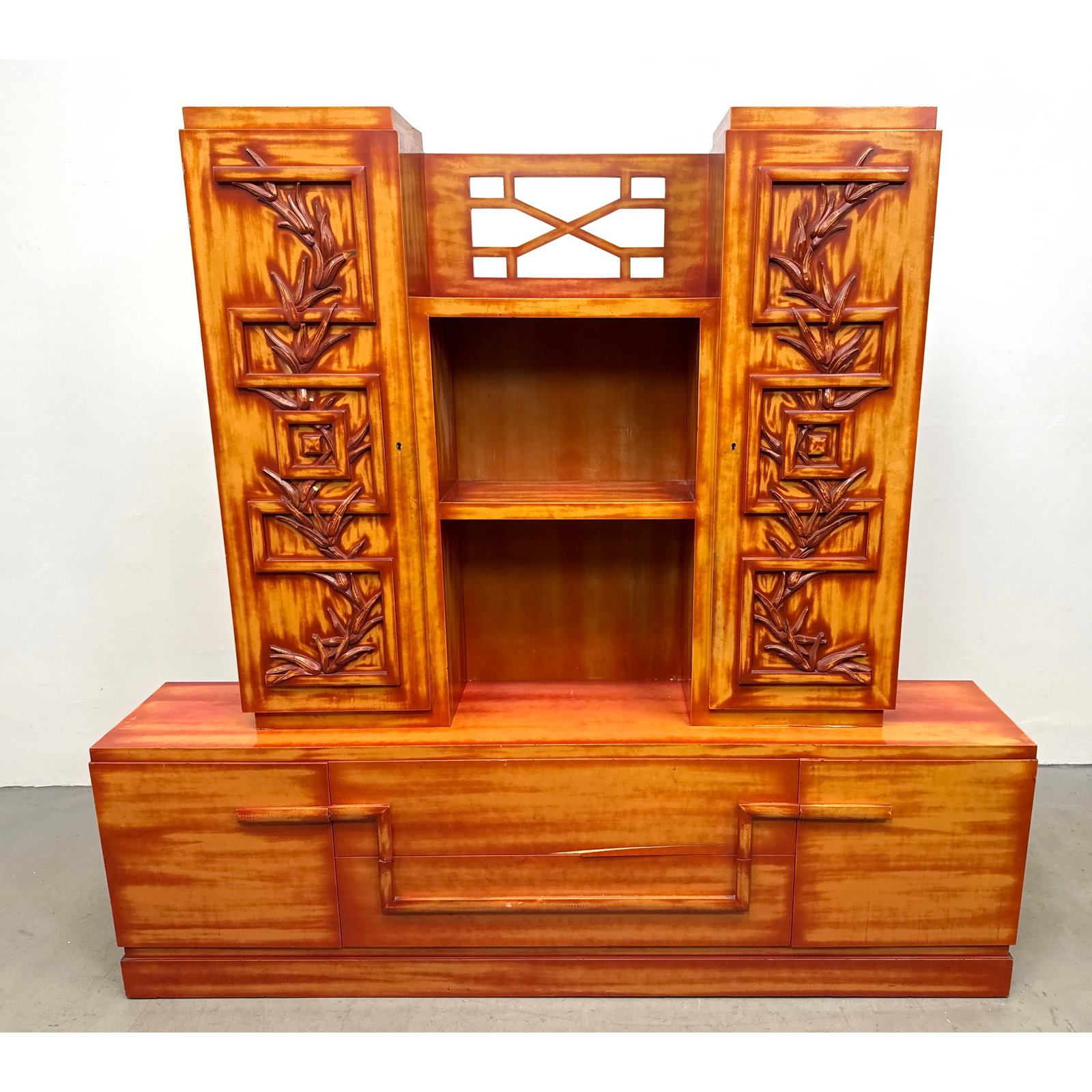 Signed James Mont Design 2pc Coromandel Red Lacquer Chinoiserie Modern Breakfront Display Cabinet wi: Signed James Mont Design 2pc Coromandel Red Lacquer Chinoiserie Modern Breakfront Display Cabinet with Carved Botanical Doors Dimensions: Height: 77.5 inches, Width: 82 inches, Depth: 16 inches. ---
