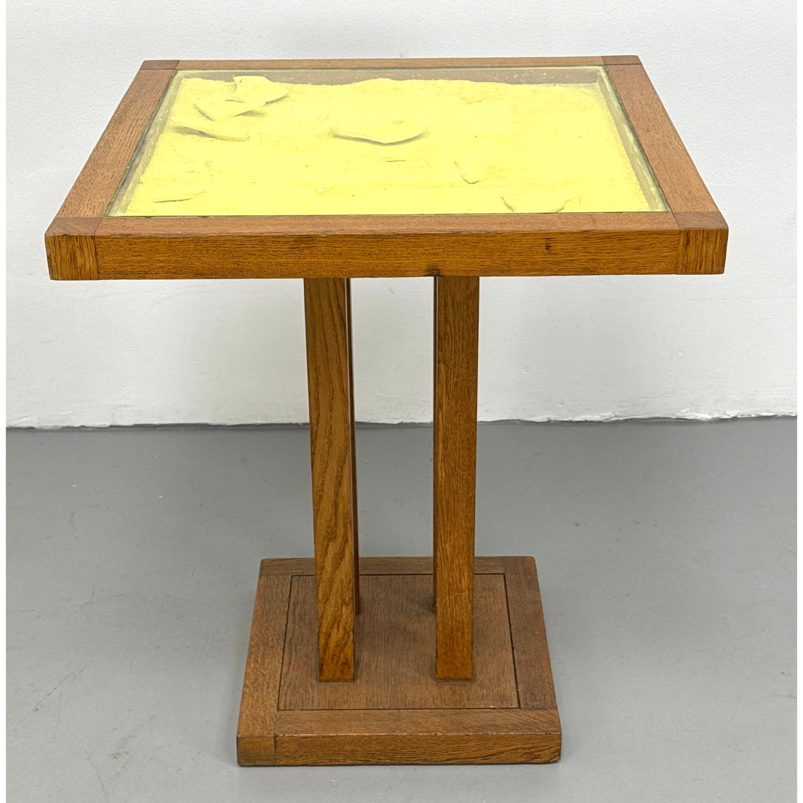 Contemporary Modern Artist Pedestal Table. Oak Frame with Artistic yellow Panel under glass. (1 of 10)