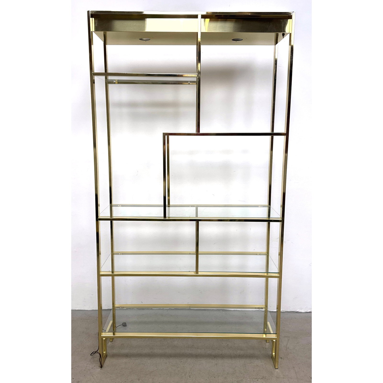 Milo Baughman Style Lighted Brass and Glass Etagere Display Shelf with Greek Key Base and Asymmetric (1 of 13)