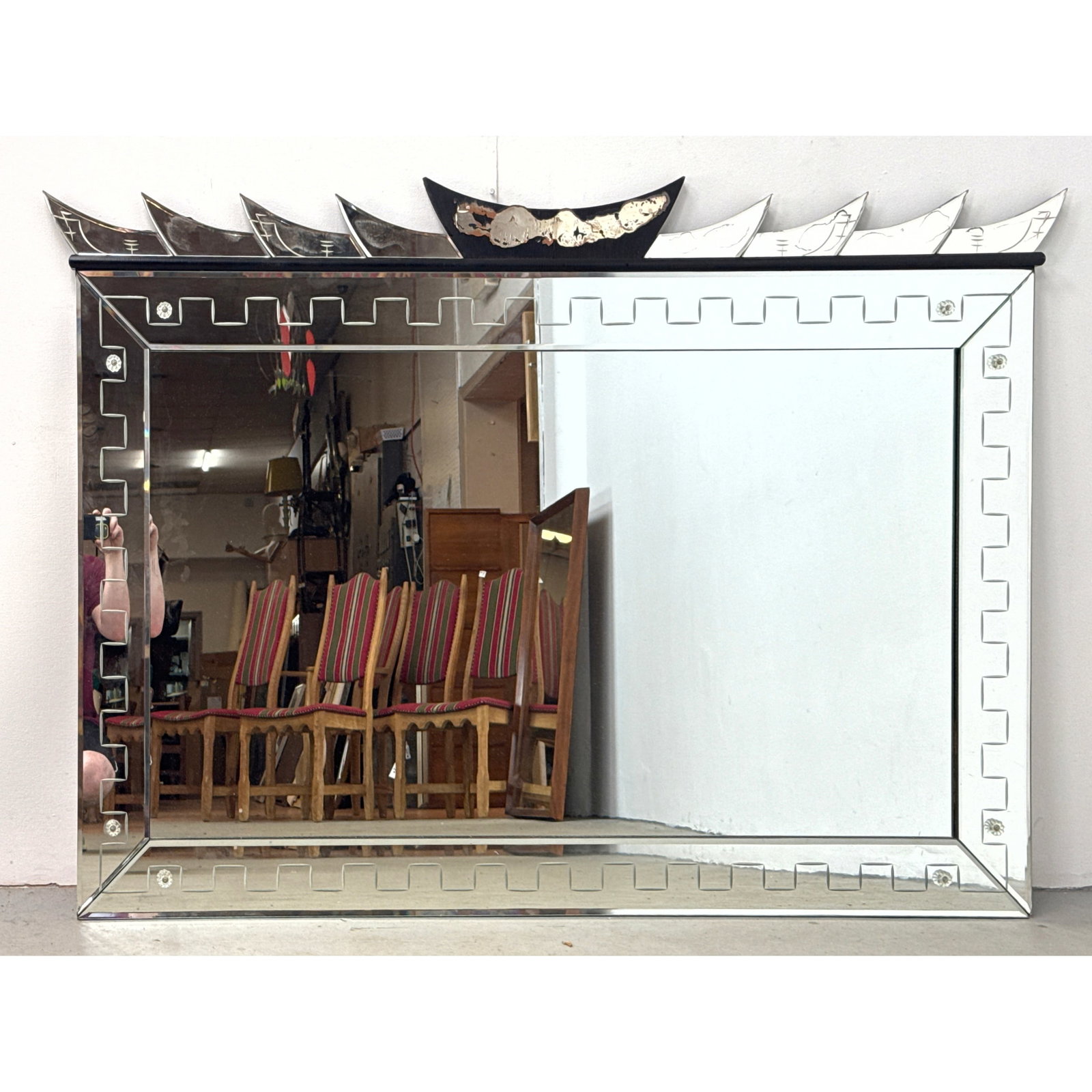 Art Deco Wall Mirror Beveled Glass Wall Mirror with Multi-Segment Crest and Greek Key Etching. Pagod (1 of 9)