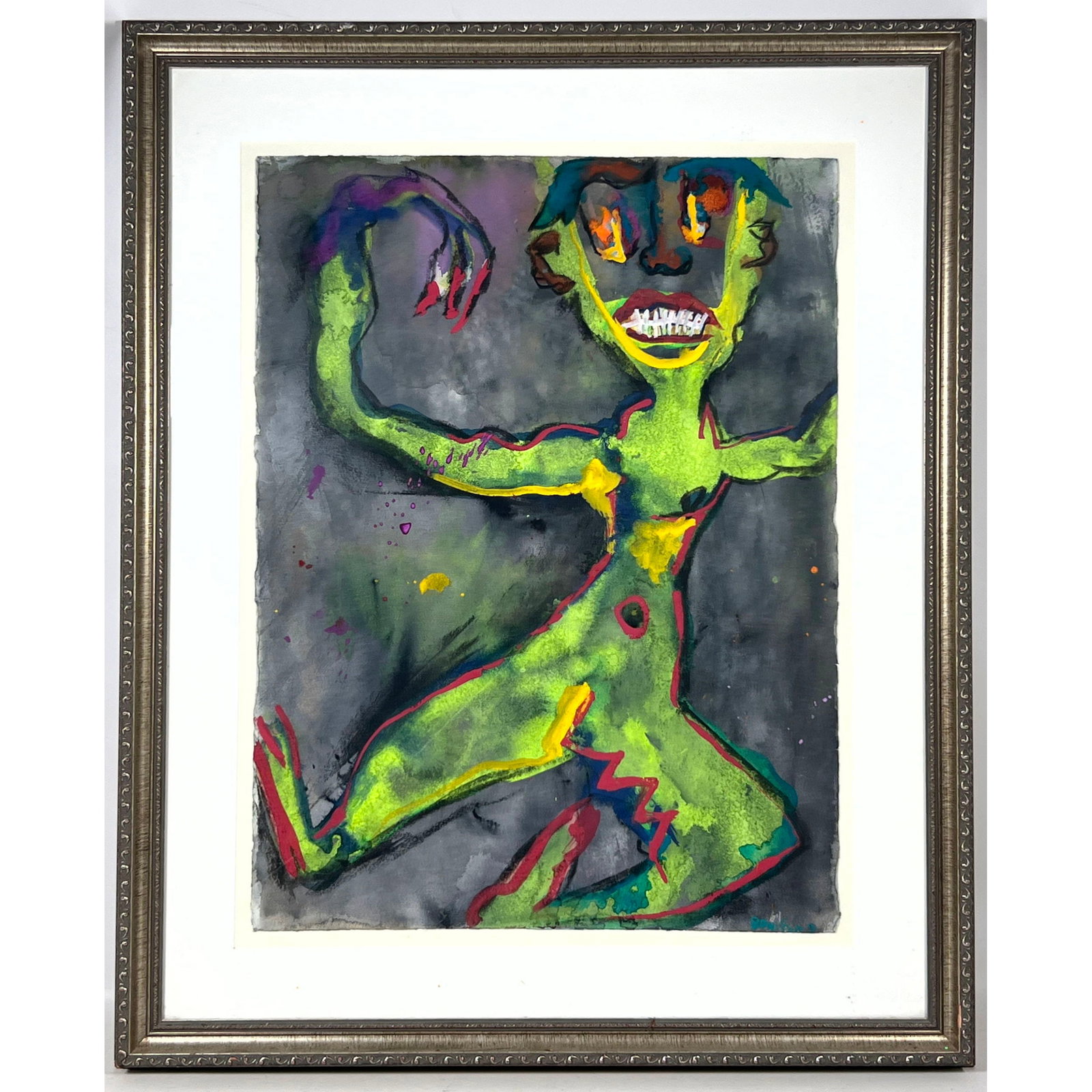Boniface Neo-Expressionist Watercolor and Gouache Painting. Stylized Green Figure. Signed and Dated (1 of 8)