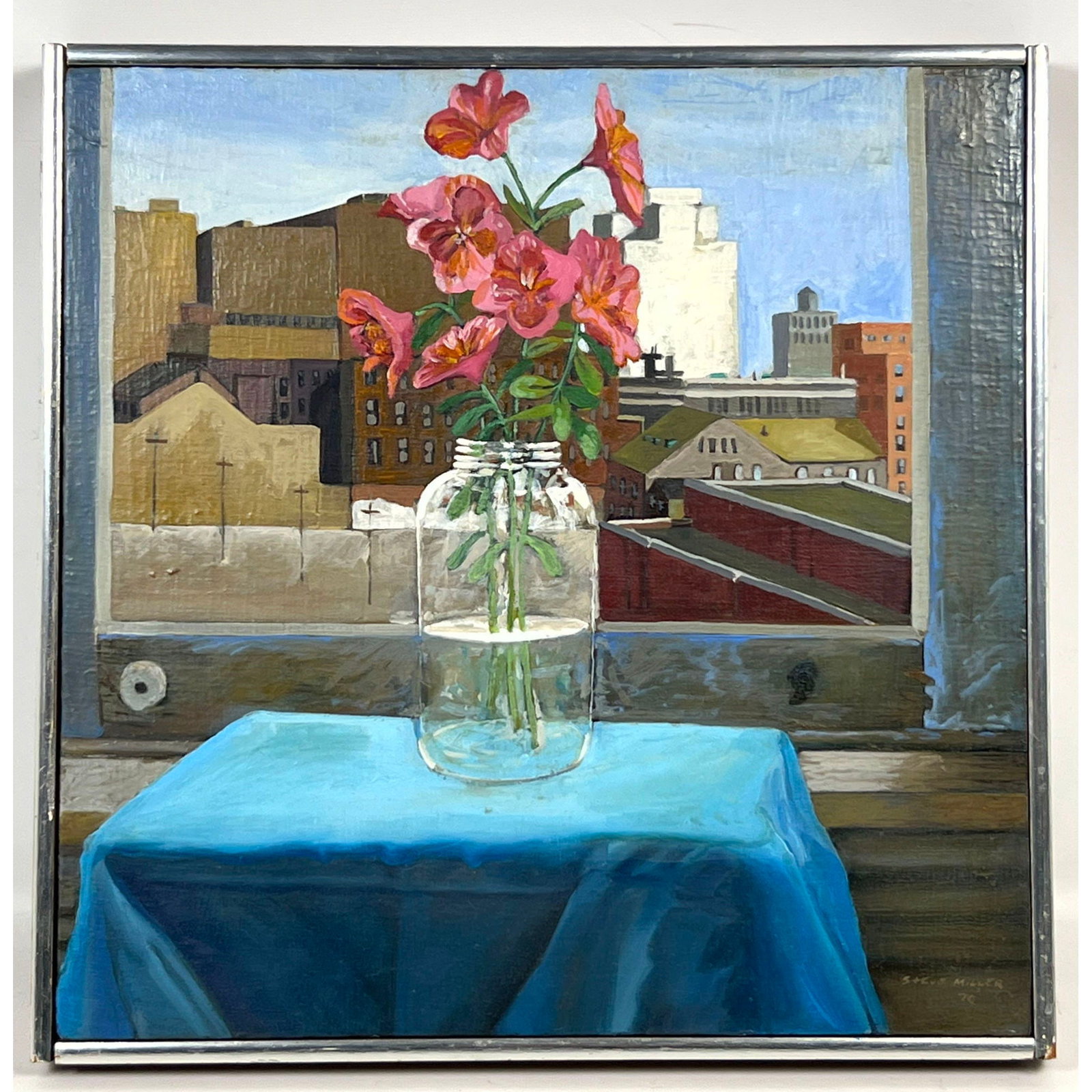 Steve Miller oil on canvas still life of flowers with urban cityscape background. Signed and dated 1 (1 of 9)