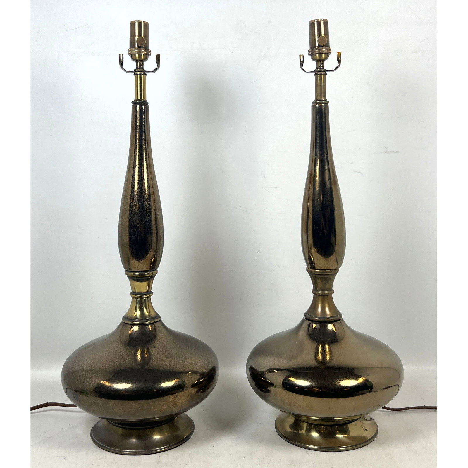 Pr Mid Century Modern Table Lamps Phil-Mar style with Bronze Metallic Crackle Glaze and Brass Bases: Pr Mid Century Modern Table Lamps Phil-Mar style with Bronze Metallic Crackle Glaze and Brass Bases Dimensions: Height: 28 inches, Width: 10.5 inches, Depth: 10.5 inches. ---