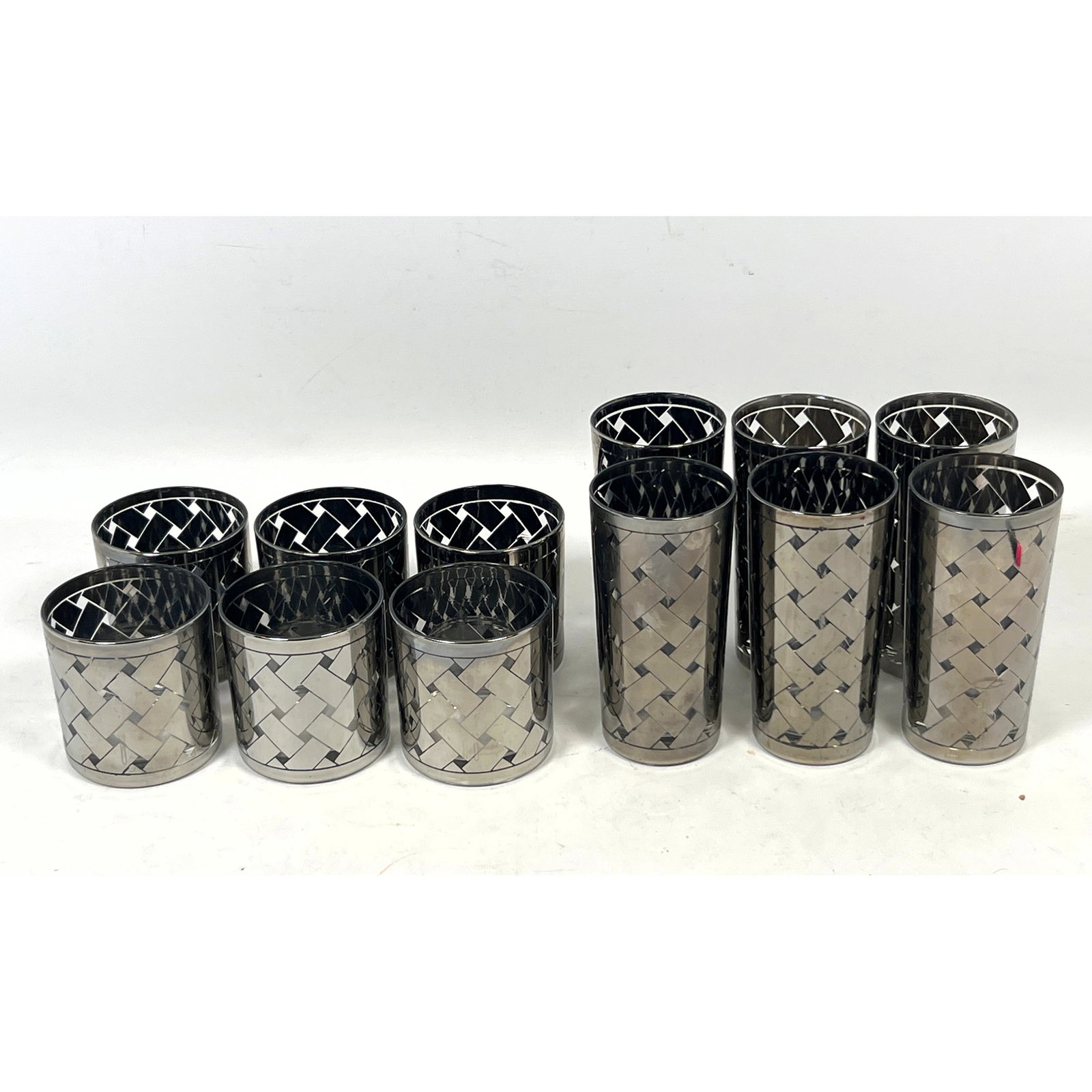 12 Piece MCM Silver Basket weave Barware Glasses Tumblers Set. In the style of Vitreon Queen's Luste (1 of 14)