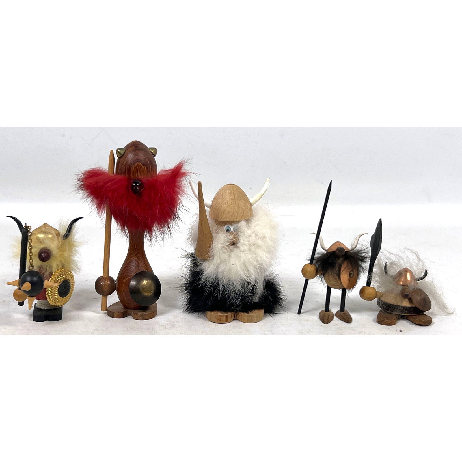 Assortment of 5pc Mid Century Modern Scandinavian Style Wooden Viking Figurines featuring Fur Accent (1 of 15)