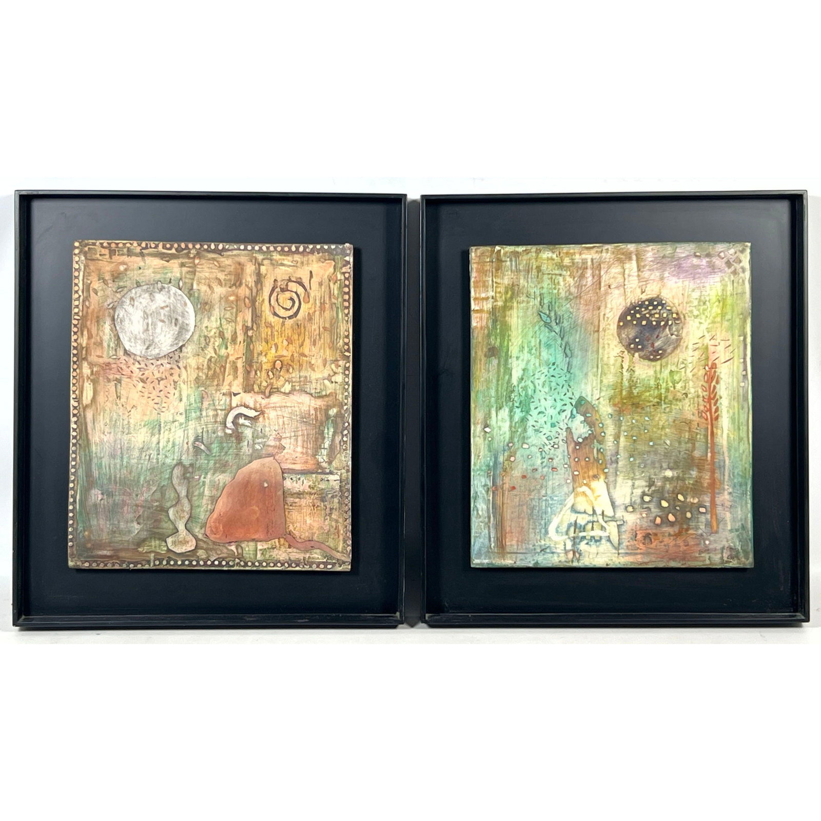 Pair Cynthia Fusillo Mixed Media on Wood Panel Paintings titled Looking For You Under the Moon and P: Pair Cynthia Fusillo Mixed Media on Wood Panel Paintings titled Looking For You Under the Moon and Pushing Dreams Out Onto Solid Earth. Signed and dated 1999. Dimensions: Height: 18.5 inches, Width: