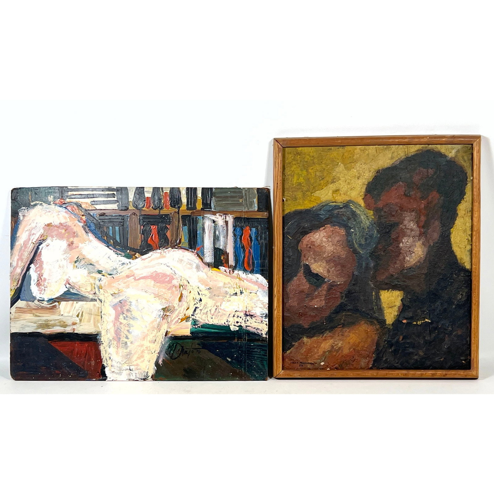 Pair vintage paintings- surrealist and figurative on board (1960s/70s). signatures appear to be Isma: Pair vintage paintings- surrealist and figurative on board (1960s/70s). signatures appear to be Ismael Monteiro and D. Ayot. Dimensions: Height: 24 inches, Width: 18 inches. --- US Packing and
